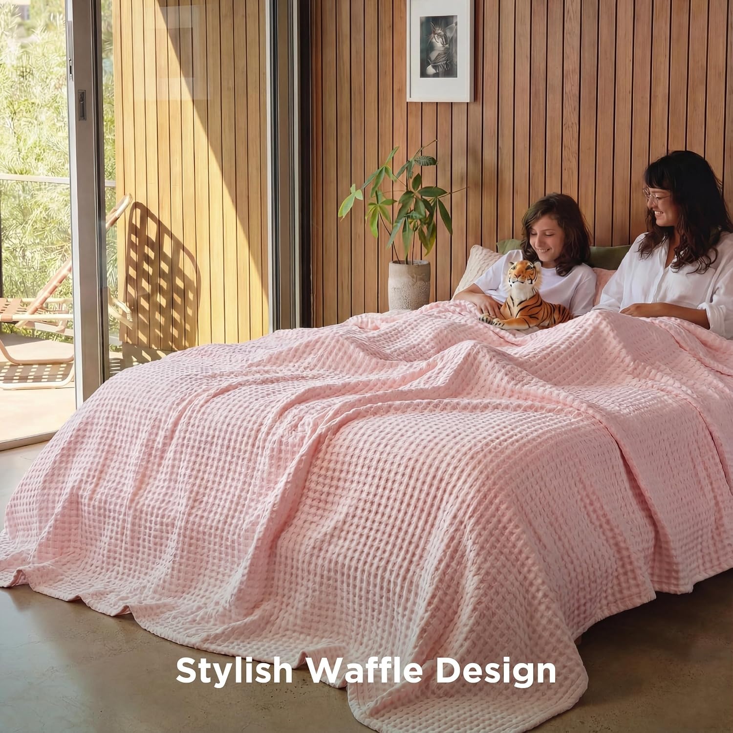 image:imageBedsure Cooling Cotton Waffle Full Size Blanket Lightweight Breathable Blanket of Rayon Derived from Bamboo for Hot Sleepers Luxury Throws for Bed Couch and Sofa Ivory 80x90 InchesLight Pink