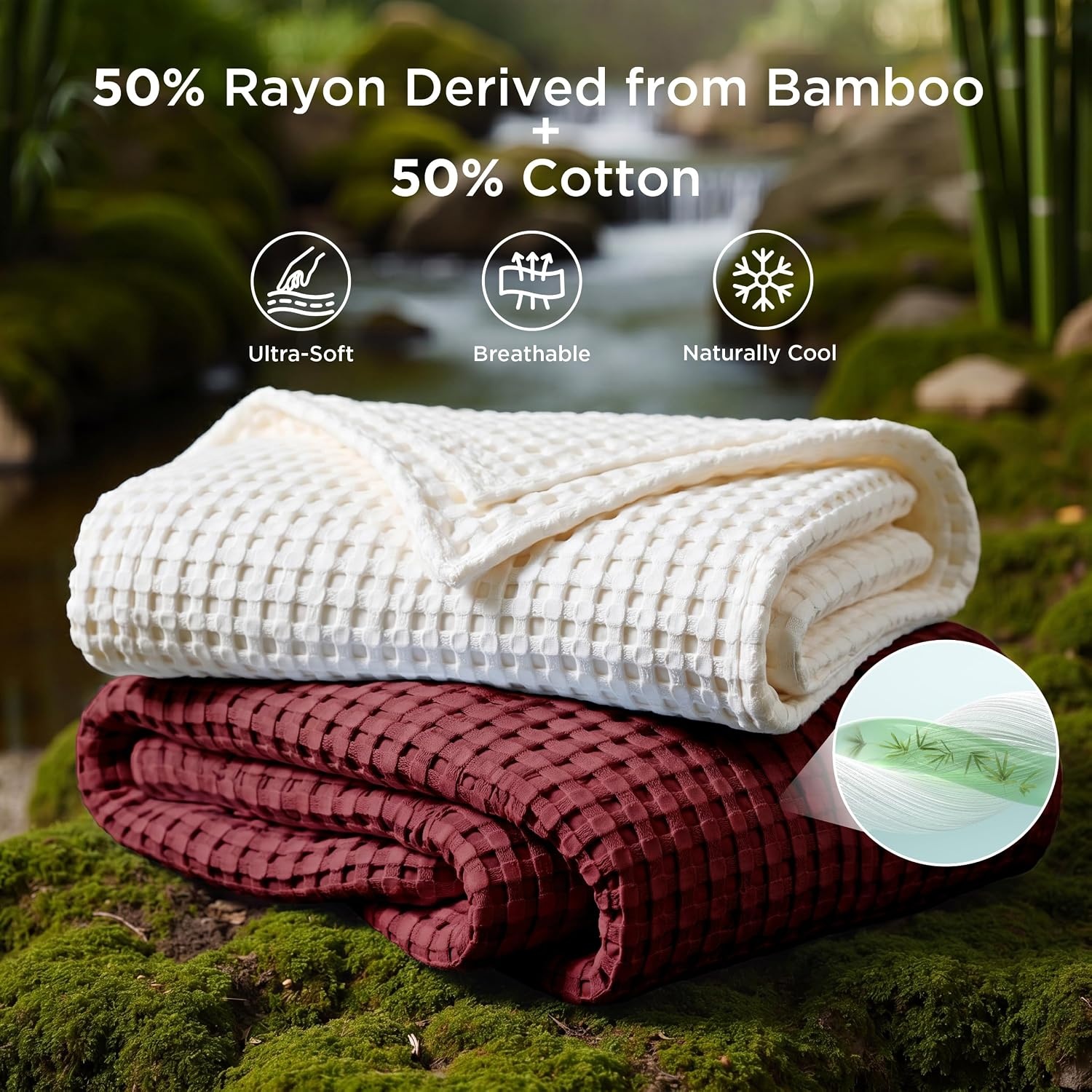 image:imageBedsure Cooling Cotton Waffle Full Size Blanket Lightweight Breathable Blanket of Rayon Derived from Bamboo for Hot Sleepers Luxury Throws for Bed Couch and Sofa Ivory 80x90 InchesDark Red