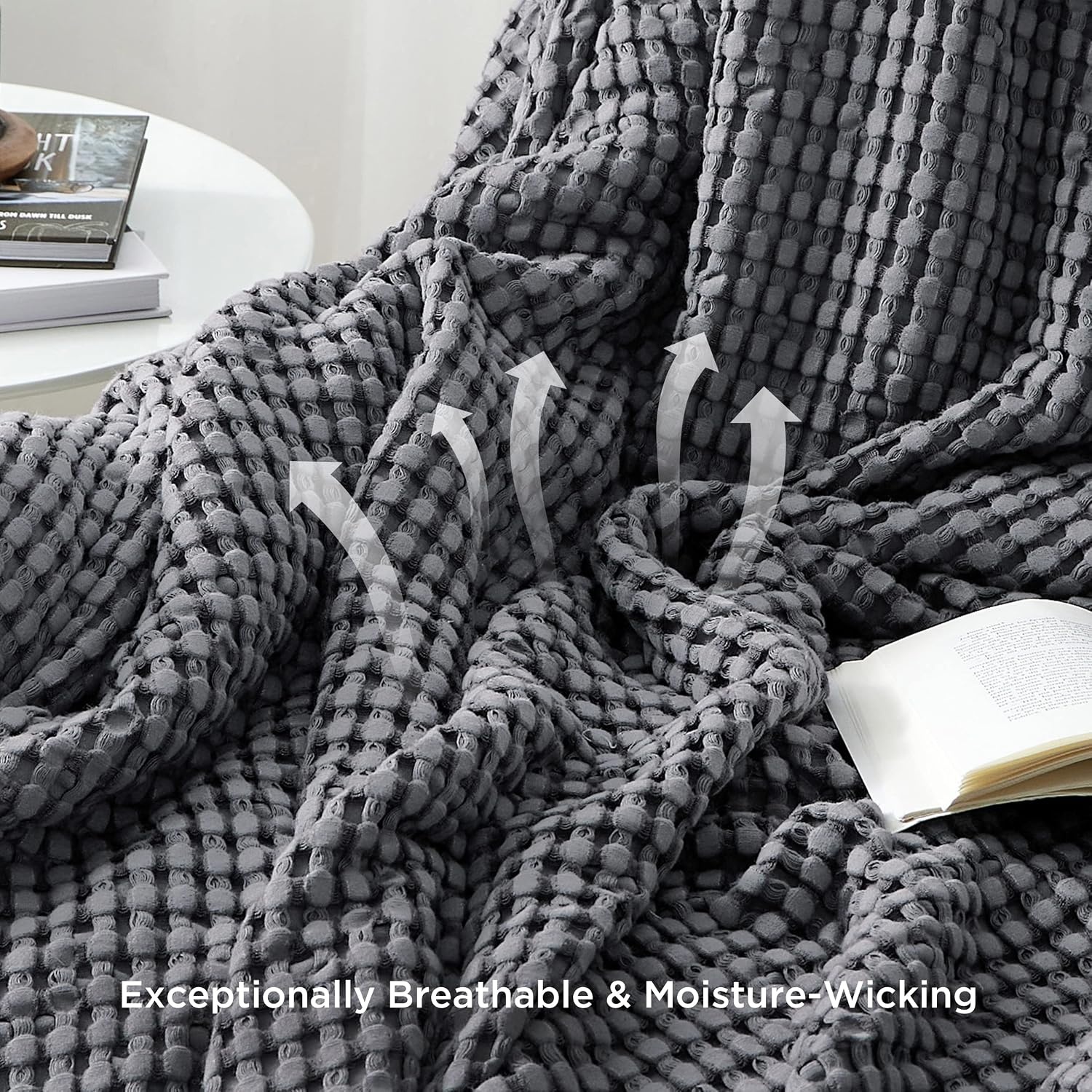 image:imageBedsure Cooling Cotton Waffle Full Size Blanket Lightweight Breathable Blanket of Rayon Derived from Bamboo for Hot Sleepers Luxury Throws for Bed Couch and Sofa Ivory 80x90 Inches02 Dark Grey