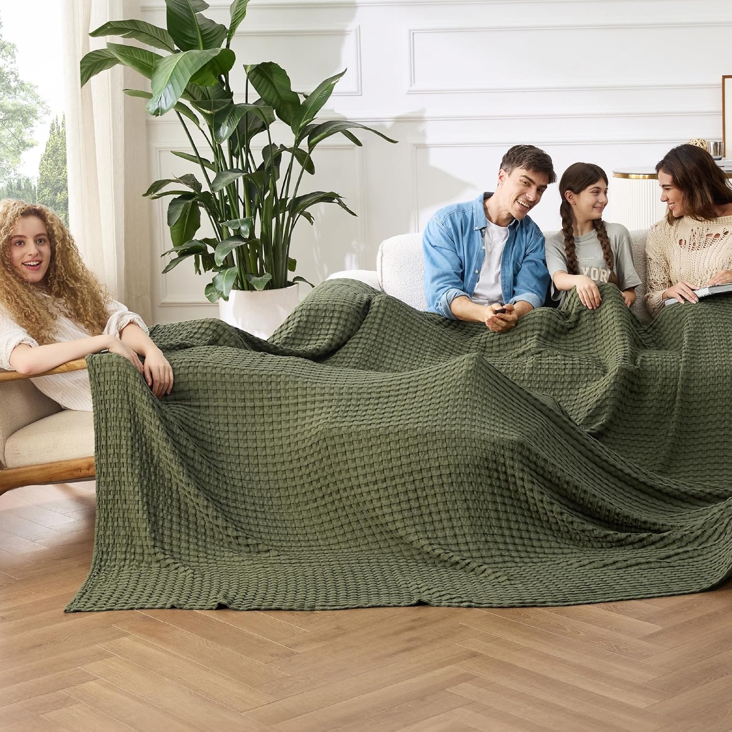 image:imageBedsure Cooling Cotton Waffle Full Size Blanket Lightweight Breathable Blanket of Rayon Derived from Bamboo for Hot Sleepers Luxury Throws for Bed Couch and Sofa Ivory 80x90 InchesOlive Green
