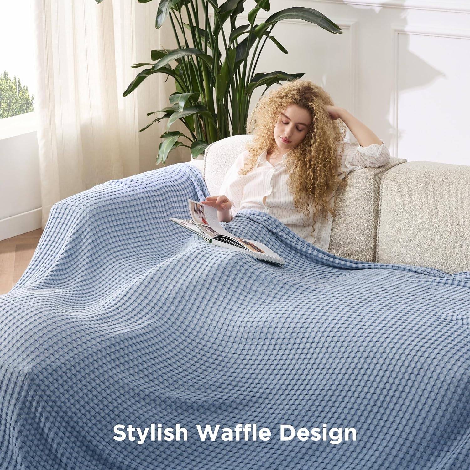 image:imageBedsure Cooling Cotton Waffle Full Size Blanket Lightweight Breathable Blanket of Rayon Derived from Bamboo for Hot Sleepers Luxury Throws for Bed Couch and Sofa Ivory 80x90 InchesSky Blue