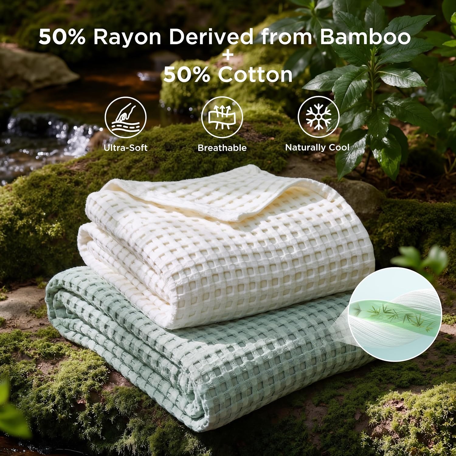 image:imageBedsure Cooling Cotton Waffle Full Size Blanket Lightweight Breathable Blanket of Rayon Derived from Bamboo for Hot Sleepers Luxury Throws for Bed Couch and Sofa Ivory 80x90 InchesMint Green