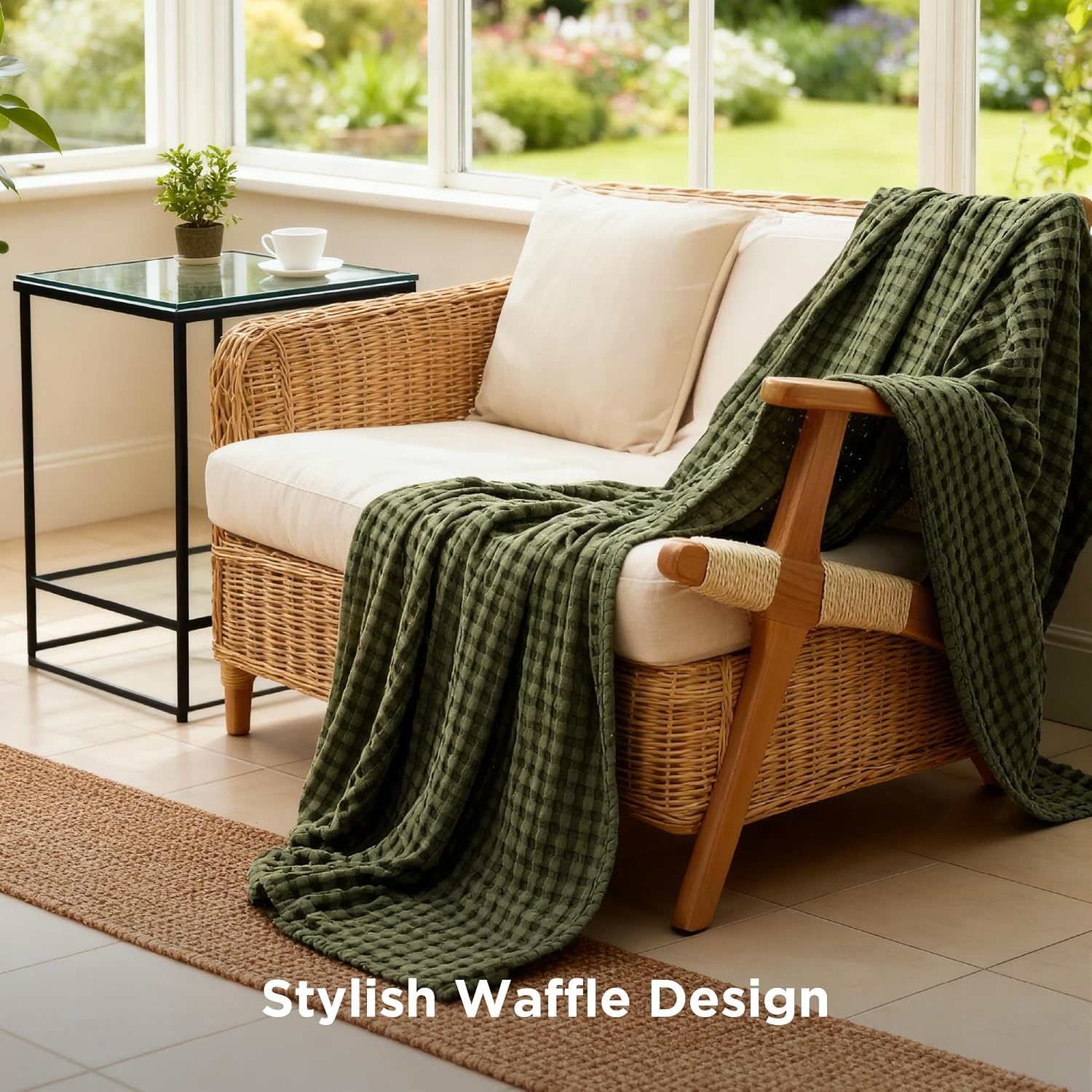 image:imageBedsure Cooling Cotton Waffle Full Size Blanket Lightweight Breathable Blanket of Rayon Derived from Bamboo for Hot Sleepers Luxury Throws for Bed Couch and Sofa Ivory 80x90 InchesOlive Green