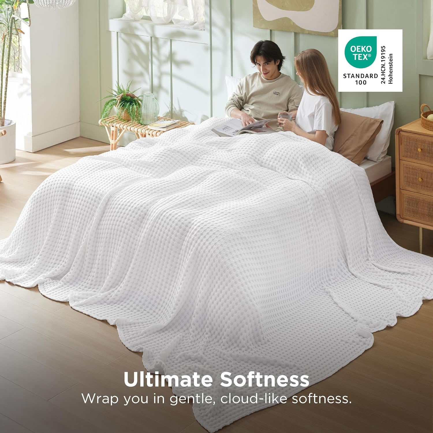 image:imageBedsure Cooling Cotton Waffle Full Size Blanket Lightweight Breathable Blanket of Rayon Derived from Bamboo for Hot Sleepers Luxury Throws for Bed Couch and Sofa Ivory 80x90 InchesWhite