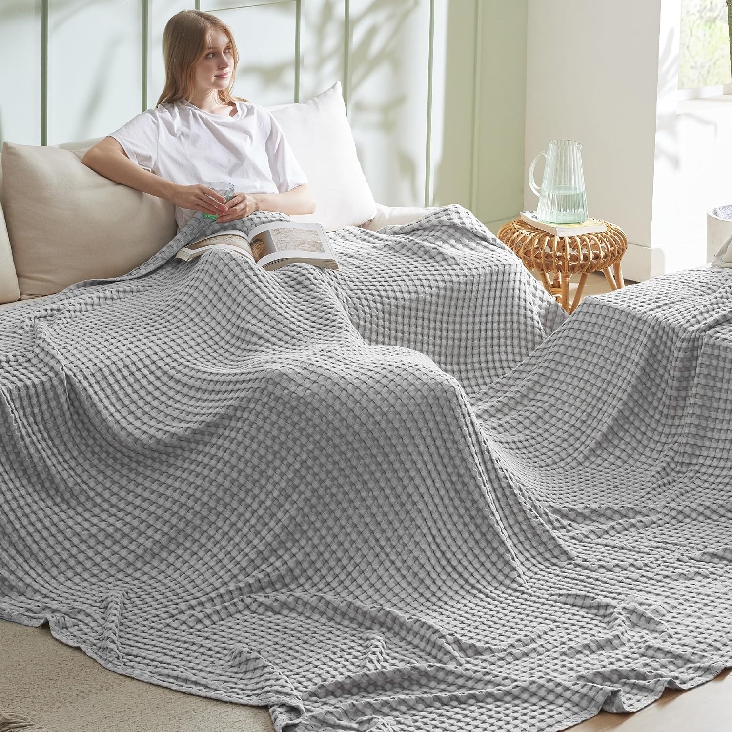 image:imageBedsure Cooling Cotton Waffle Full Size Blanket Lightweight Breathable Blanket of Rayon Derived from Bamboo for Hot Sleepers Luxury Throws for Bed Couch and Sofa Ivory 80x90 InchesGrey