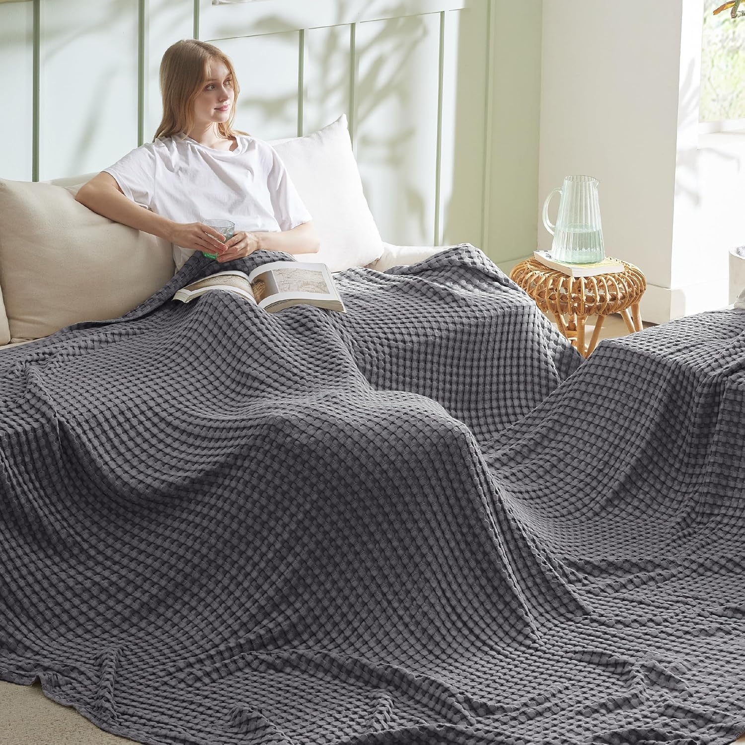 image:imageBedsure Cooling Cotton Waffle Full Size Blanket Lightweight Breathable Blanket of Rayon Derived from Bamboo for Hot Sleepers Luxury Throws for Bed Couch and Sofa Ivory 80x90 Inches02 Dark Grey