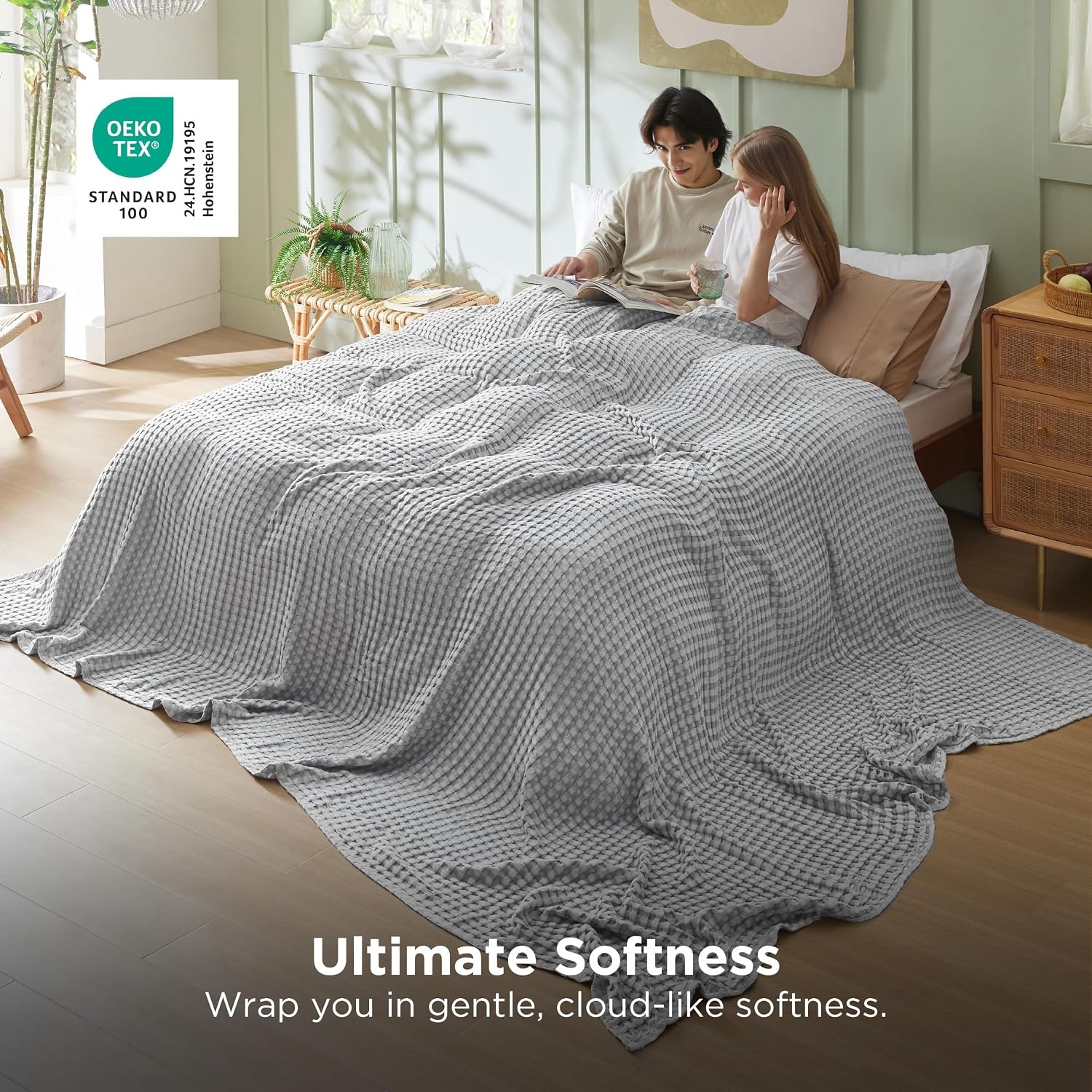 image:imageBedsure Cooling Cotton Waffle Full Size Blanket Lightweight Breathable Blanket of Rayon Derived from Bamboo for Hot Sleepers Luxury Throws for Bed Couch and Sofa Ivory 80x90 InchesGrey