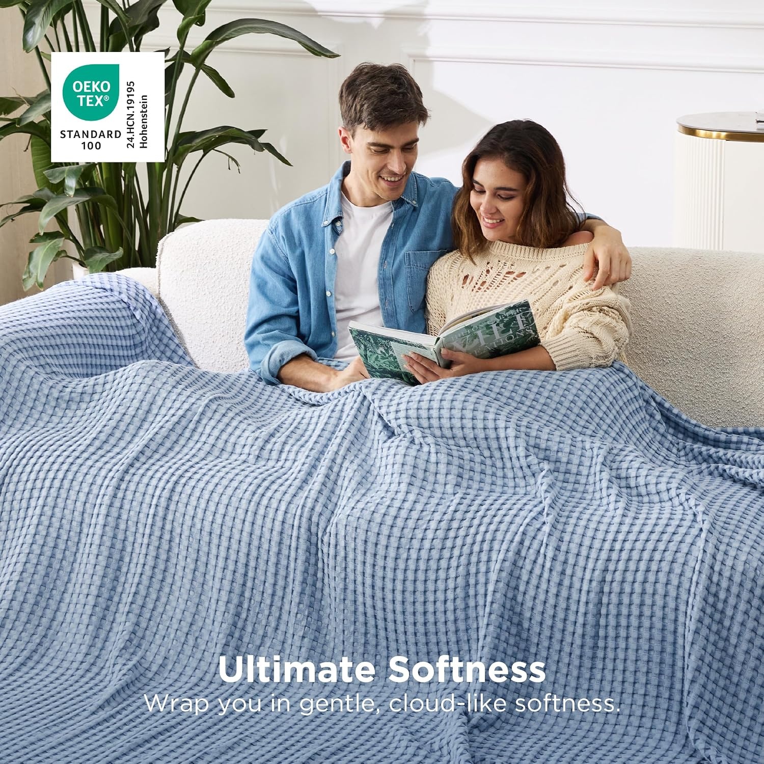 image:imageBedsure Cooling Cotton Waffle Full Size Blanket Lightweight Breathable Blanket of Rayon Derived from Bamboo for Hot Sleepers Luxury Throws for Bed Couch and Sofa Ivory 80x90 InchesSky Blue