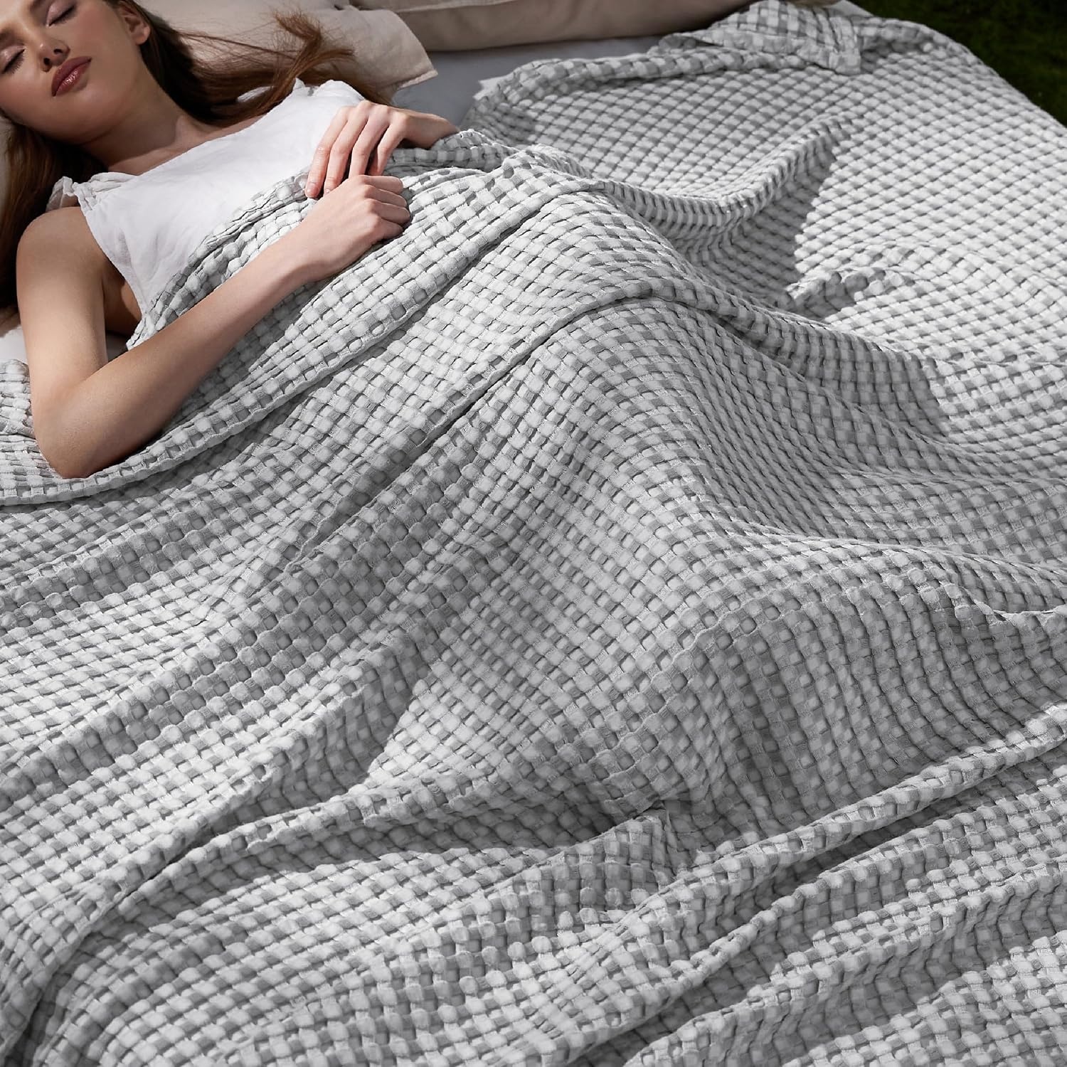image:imageBedsure Cooling Cotton Waffle Full Size Blanket Lightweight Breathable Blanket of Rayon Derived from Bamboo for Hot Sleepers Luxury Throws for Bed Couch and Sofa Ivory 80x90 InchesGrey