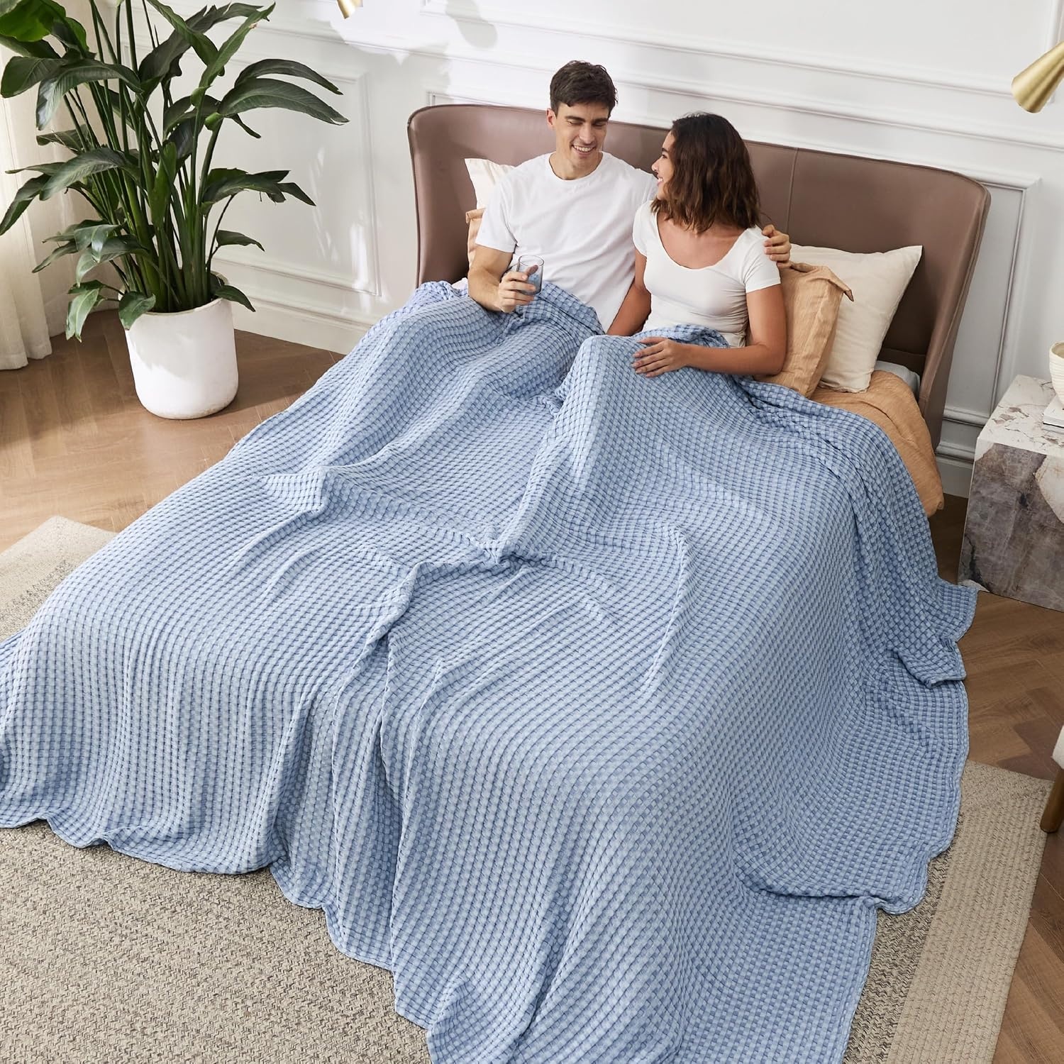 image:imageBedsure Cooling Cotton Waffle Full Size Blanket Lightweight Breathable Blanket of Rayon Derived from Bamboo for Hot Sleepers Luxury Throws for Bed Couch and Sofa Ivory 80x90 InchesSky Blue