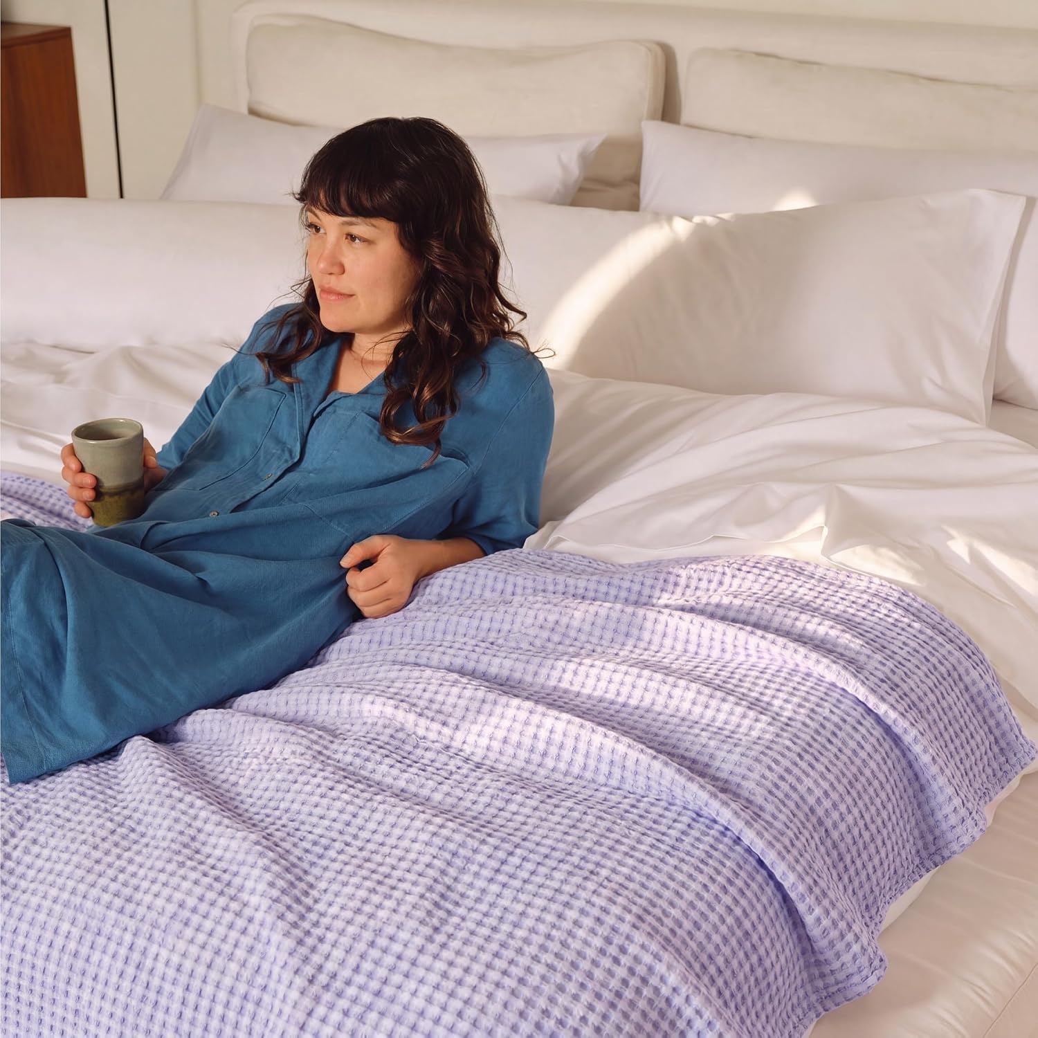 image:imageBedsure Cooling Cotton Waffle Full Size Blanket Lightweight Breathable Blanket of Rayon Derived from Bamboo for Hot Sleepers Luxury Throws for Bed Couch and Sofa Ivory 80x90 InchesLight Purple