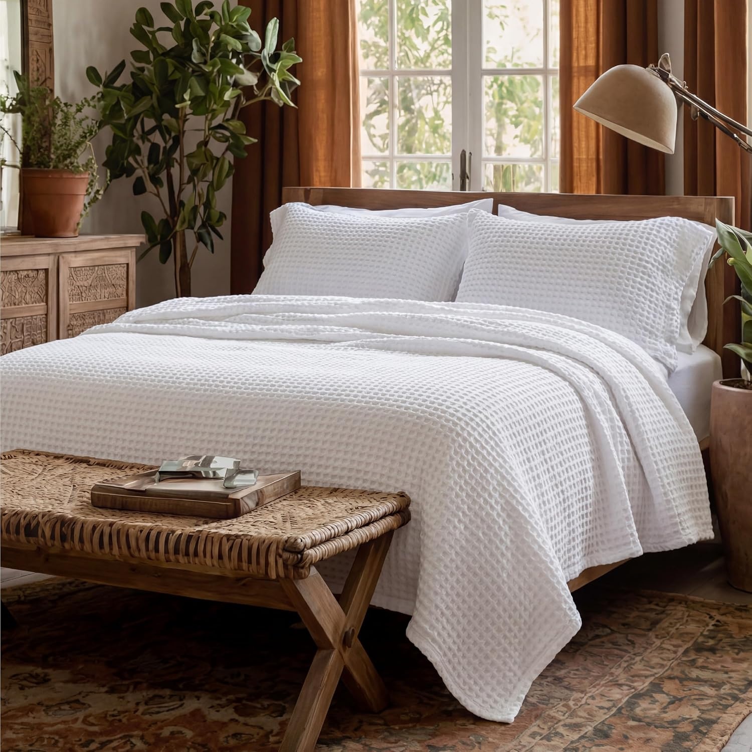 image:imageBedsure Cooling Cotton Waffle Full Size Blanket Lightweight Breathable Blanket of Rayon Derived from Bamboo for Hot Sleepers Luxury Throws for Bed Couch and Sofa Ivory 80x90 InchesWhite