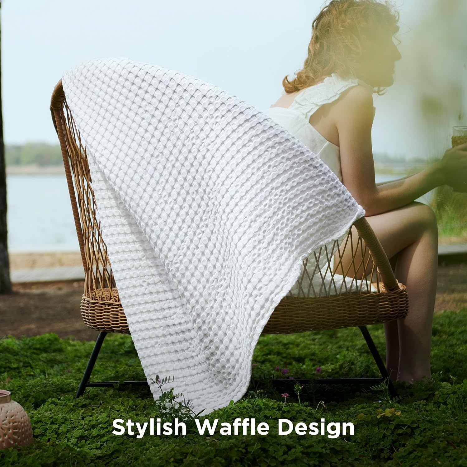 image:imageBedsure Cooling Cotton Waffle Full Size Blanket Lightweight Breathable Blanket of Rayon Derived from Bamboo for Hot Sleepers Luxury Throws for Bed Couch and Sofa Ivory 80x90 InchesWhite