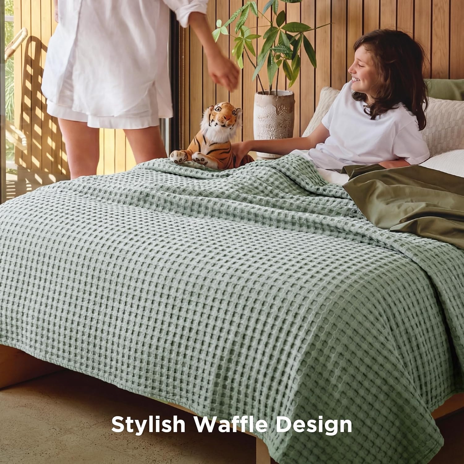 image:imageBedsure Cooling Cotton Waffle Full Size Blanket Lightweight Breathable Blanket of Rayon Derived from Bamboo for Hot Sleepers Luxury Throws for Bed Couch and Sofa Ivory 80x90 InchesMint Green