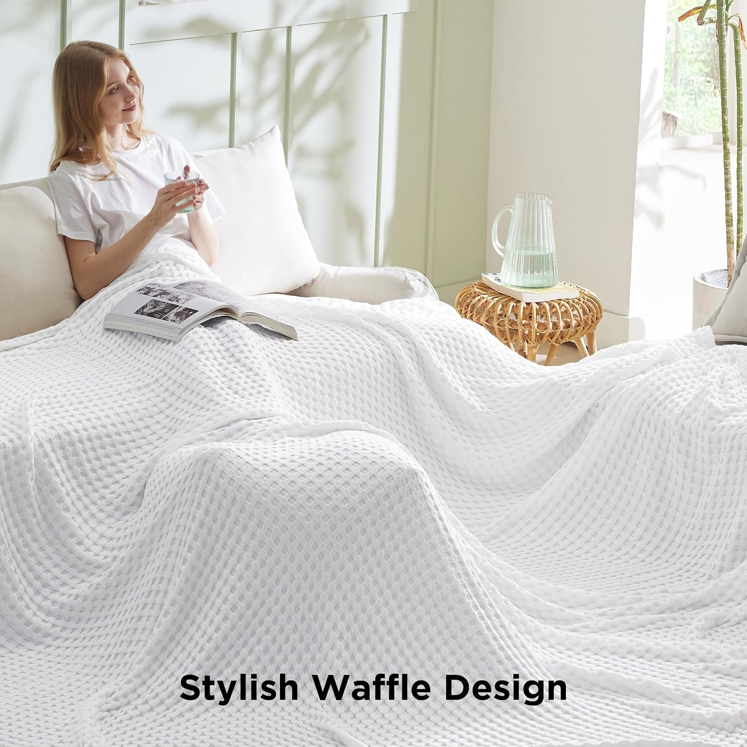 image:imageBedsure Cooling Cotton Waffle Full Size Blanket Lightweight Breathable Blanket of Rayon Derived from Bamboo for Hot Sleepers Luxury Throws for Bed Couch and Sofa Ivory 80x90 InchesWhite