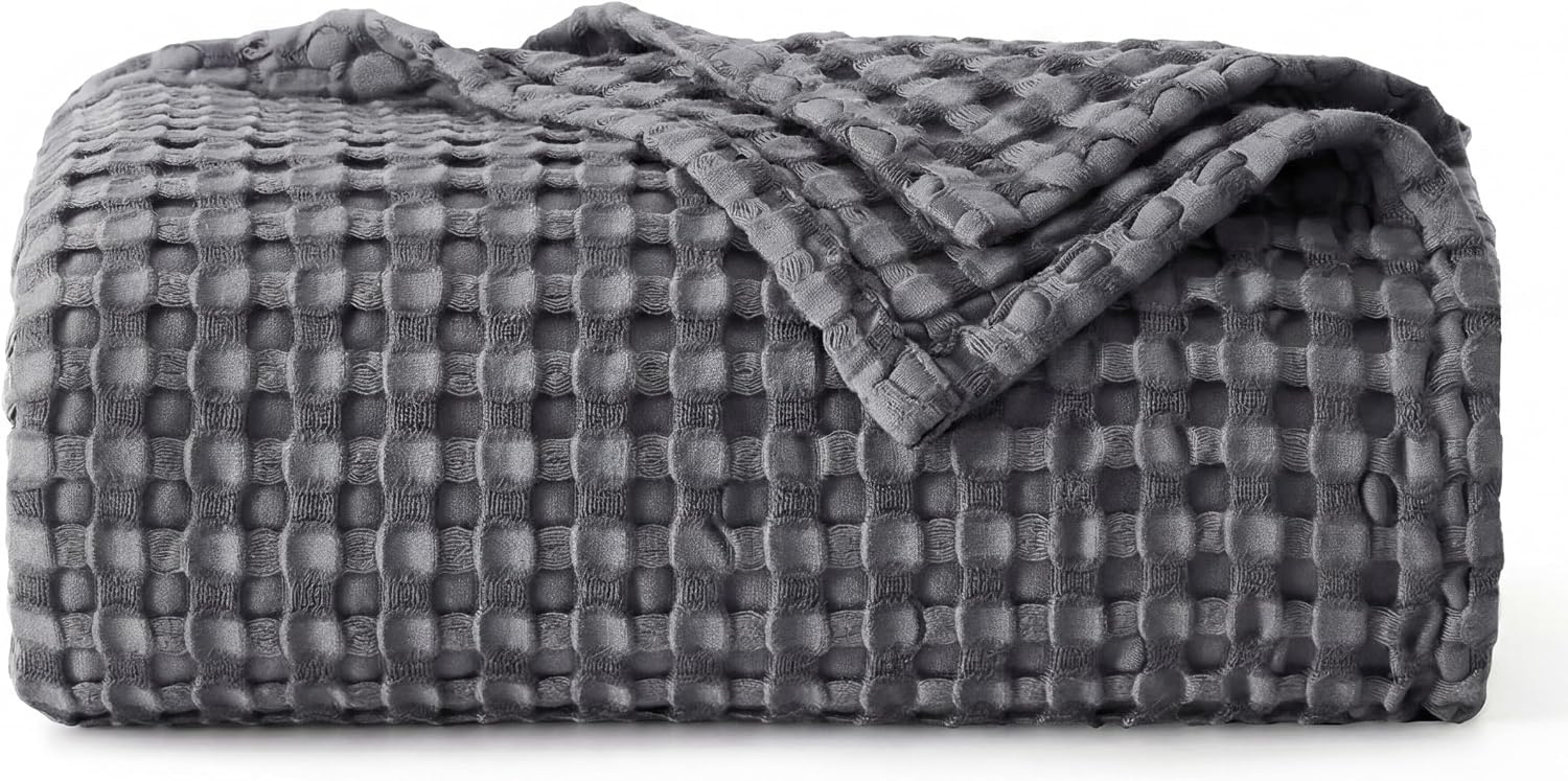 image:imageBedsure Cooling Cotton Waffle Full Size Blanket Lightweight Breathable Blanket of Rayon Derived from Bamboo for Hot Sleepers Luxury Throws for Bed Couch and Sofa Ivory 80x90 Inches02 Dark Grey