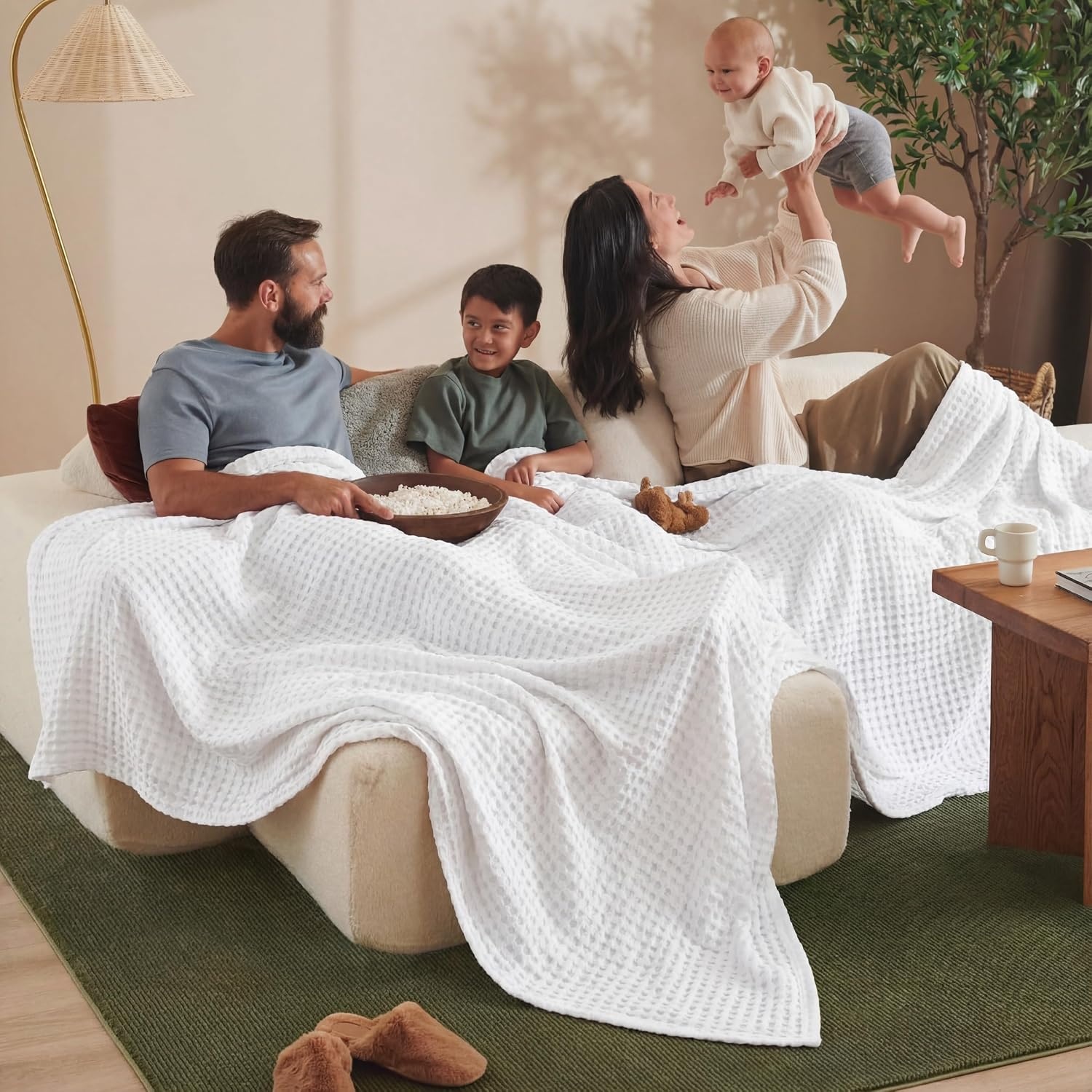 image:imageBedsure Cooling Cotton Waffle Full Size Blanket Lightweight Breathable Blanket of Rayon Derived from Bamboo for Hot Sleepers Luxury Throws for Bed Couch and Sofa Ivory 80x90 InchesWhite