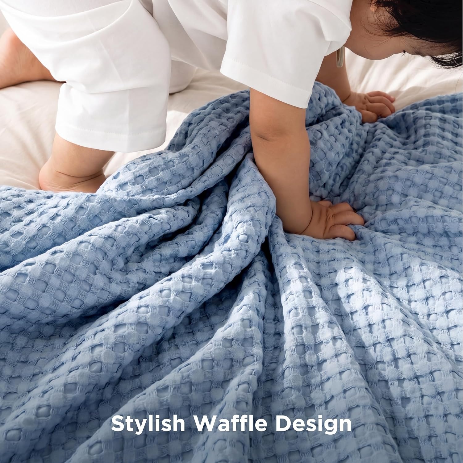 image:imageBedsure Cooling Cotton Waffle Full Size Blanket Lightweight Breathable Blanket of Rayon Derived from Bamboo for Hot Sleepers Luxury Throws for Bed Couch and Sofa Ivory 80x90 InchesSky Blue