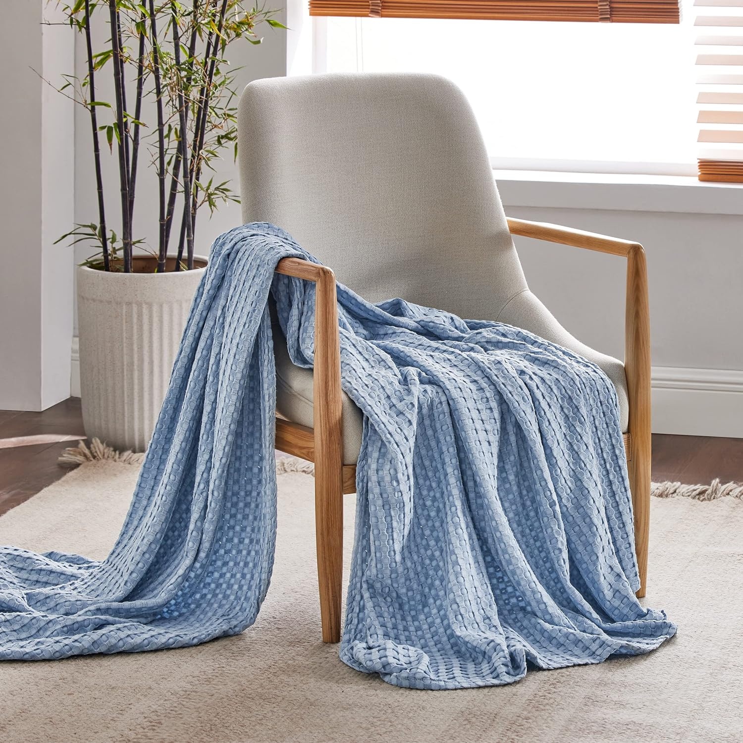 image:imageBedsure Cooling Cotton Waffle Full Size Blanket Lightweight Breathable Blanket of Rayon Derived from Bamboo for Hot Sleepers Luxury Throws for Bed Couch and Sofa Ivory 80x90 InchesSky Blue