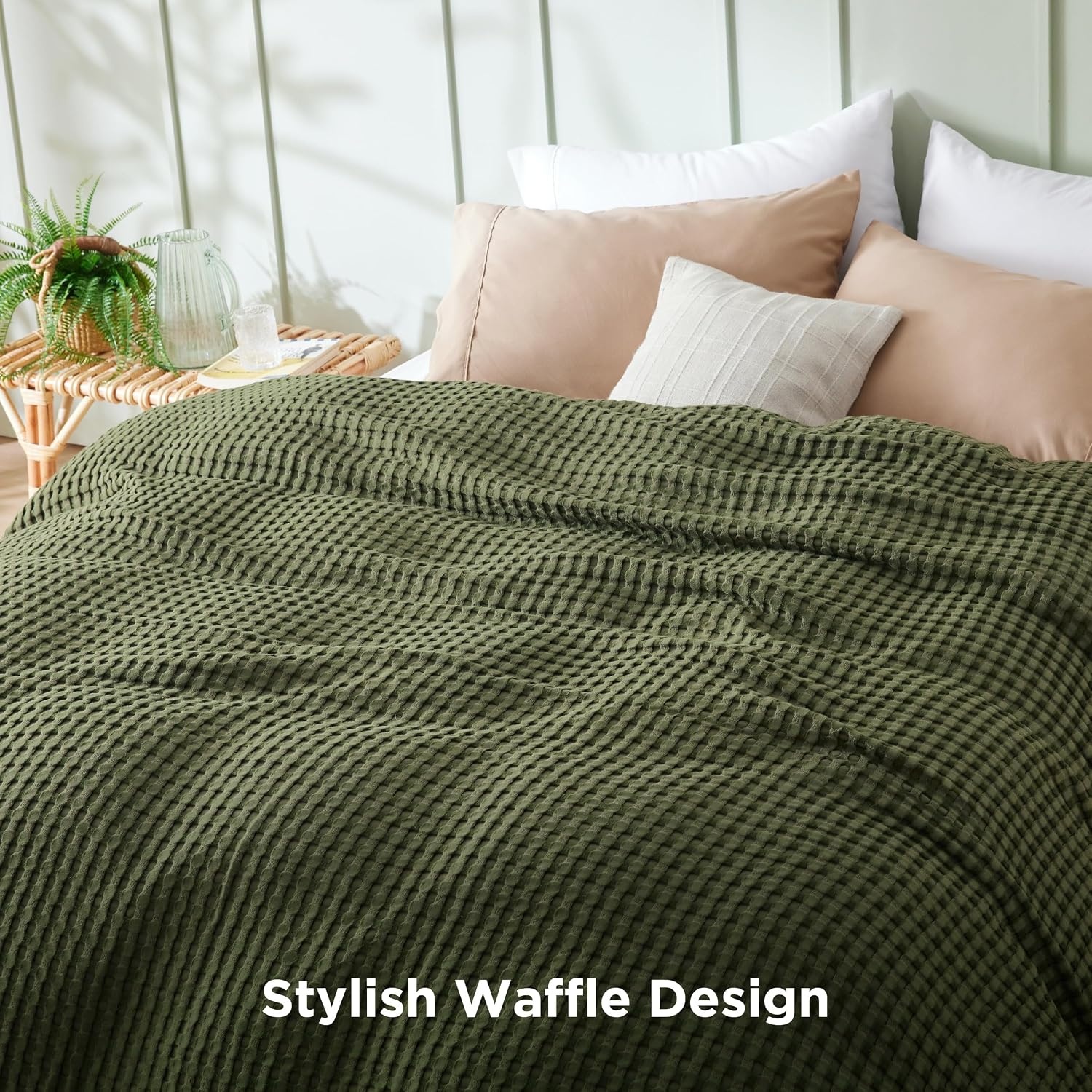 image:imageBedsure Cooling Cotton Waffle Full Size Blanket Lightweight Breathable Blanket of Rayon Derived from Bamboo for Hot Sleepers Luxury Throws for Bed Couch and Sofa Ivory 80x90 InchesOlive Green