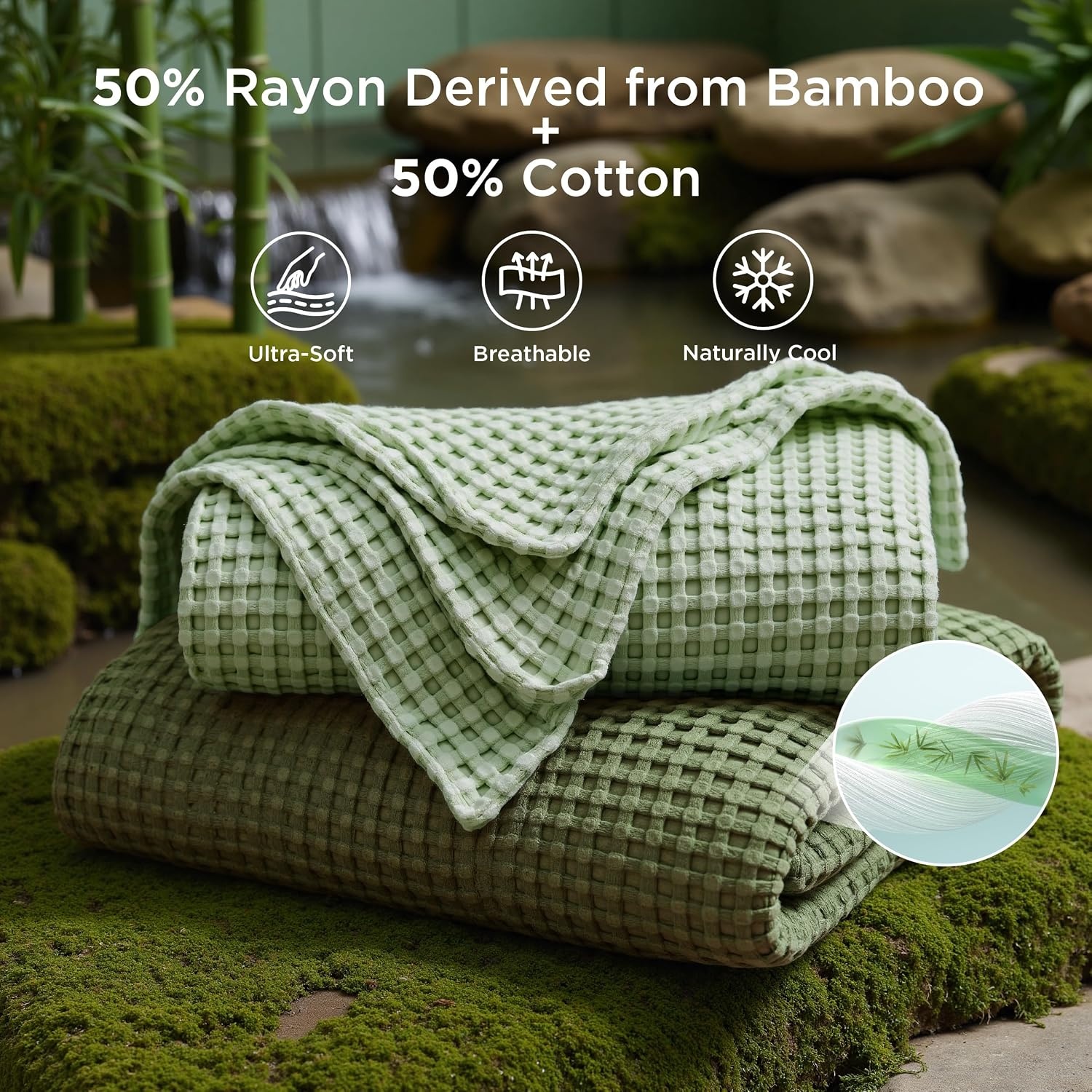 image:imageBedsure Cooling Cotton Waffle Full Size Blanket Lightweight Breathable Blanket of Rayon Derived from Bamboo for Hot Sleepers Luxury Throws for Bed Couch and Sofa Ivory 80x90 InchesOlive Green