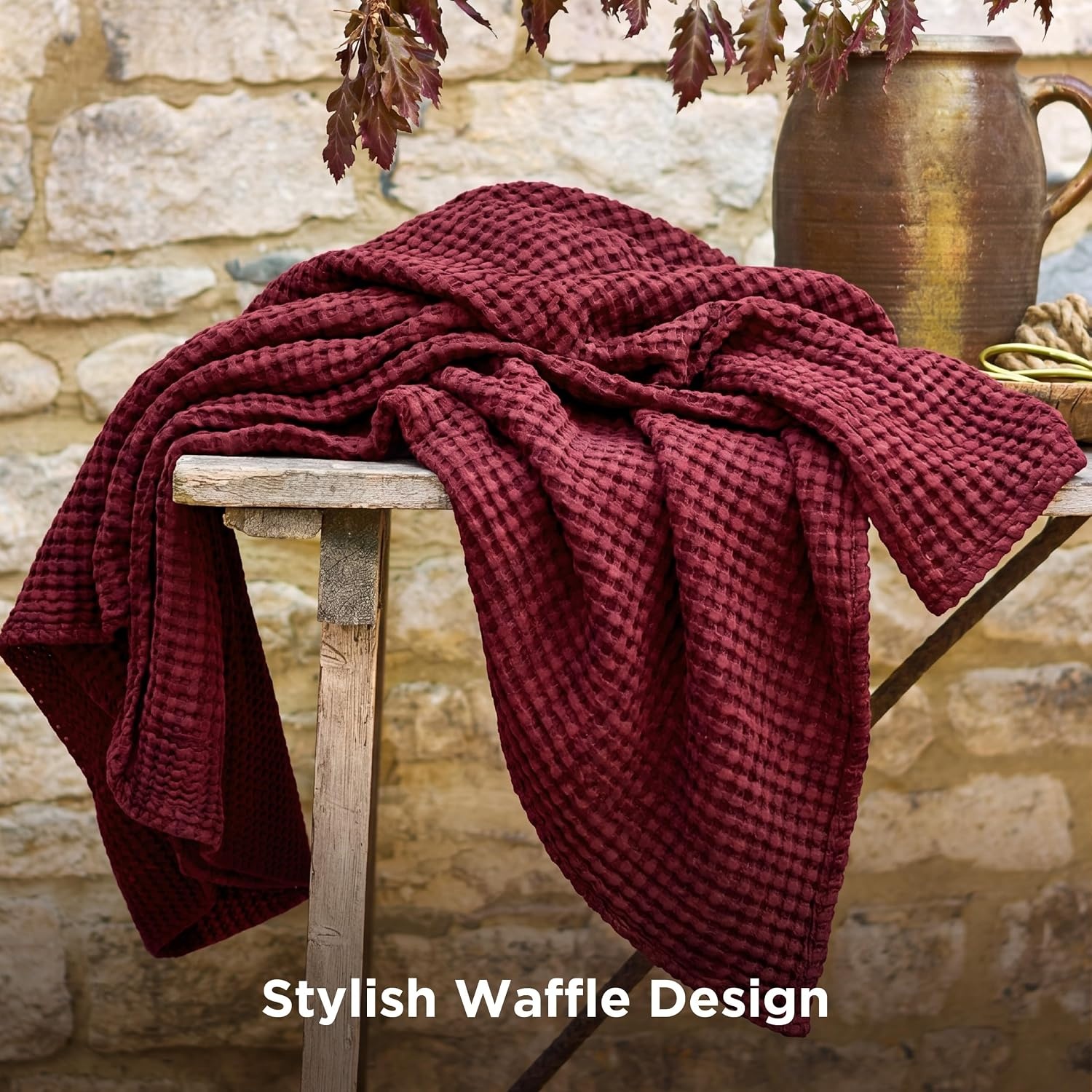 image:imageBedsure Cooling Cotton Waffle Full Size Blanket Lightweight Breathable Blanket of Rayon Derived from Bamboo for Hot Sleepers Luxury Throws for Bed Couch and Sofa Ivory 80x90 InchesDark Red