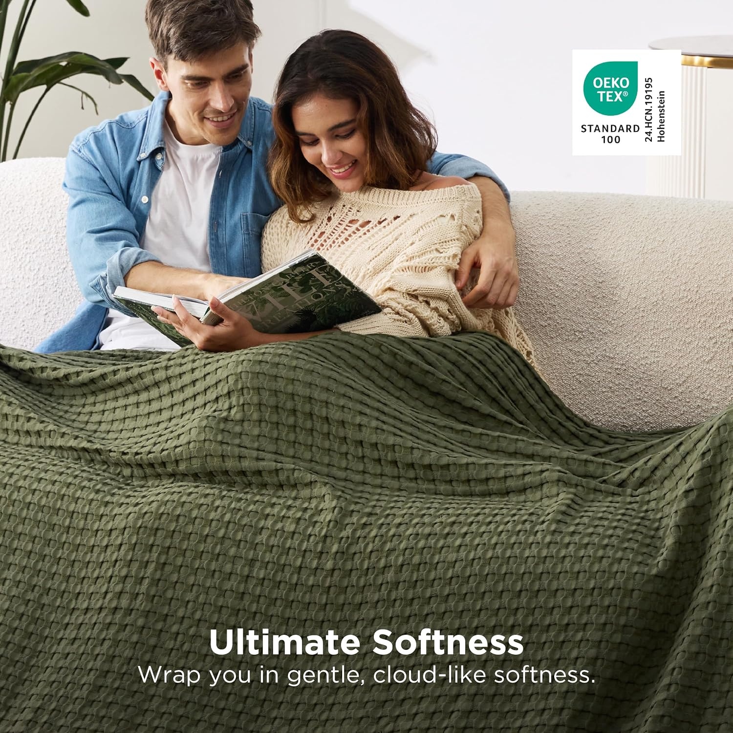 image:imageBedsure Cooling Cotton Waffle Full Size Blanket Lightweight Breathable Blanket of Rayon Derived from Bamboo for Hot Sleepers Luxury Throws for Bed Couch and Sofa Ivory 80x90 InchesOlive Green