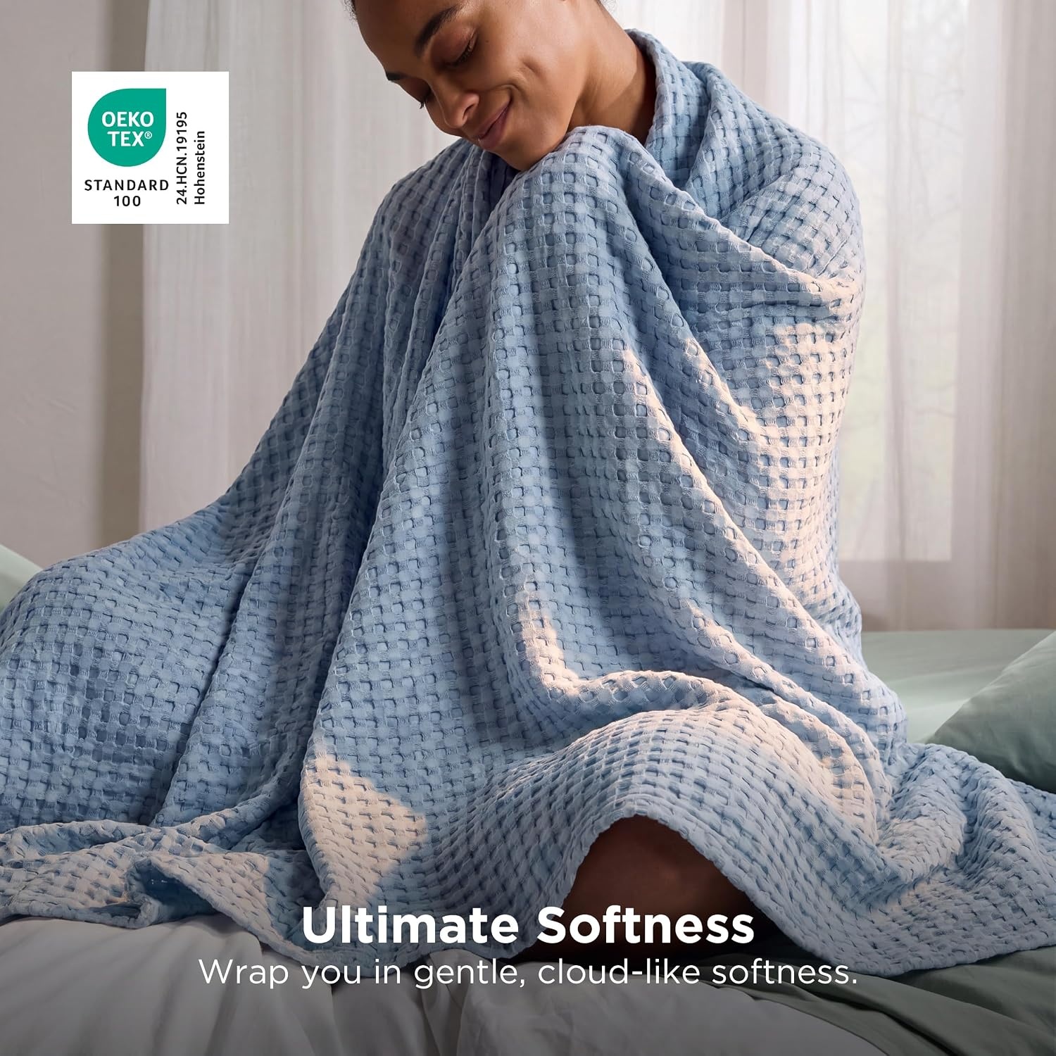 image:imageBedsure Cooling Cotton Waffle Full Size Blanket Lightweight Breathable Blanket of Rayon Derived from Bamboo for Hot Sleepers Luxury Throws for Bed Couch and Sofa Ivory 80x90 InchesSky Blue
