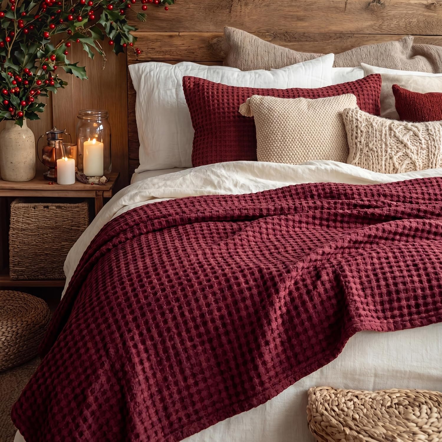 image:imageBedsure Cooling Cotton Waffle Full Size Blanket Lightweight Breathable Blanket of Rayon Derived from Bamboo for Hot Sleepers Luxury Throws for Bed Couch and Sofa Ivory 80x90 InchesDark Red