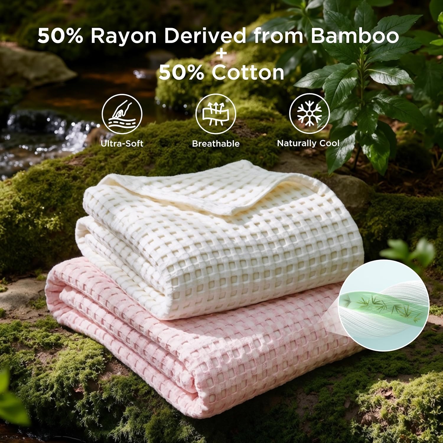image:imageBedsure Cooling Cotton Waffle Full Size Blanket Lightweight Breathable Blanket of Rayon Derived from Bamboo for Hot Sleepers Luxury Throws for Bed Couch and Sofa Ivory 80x90 InchesLight Pink