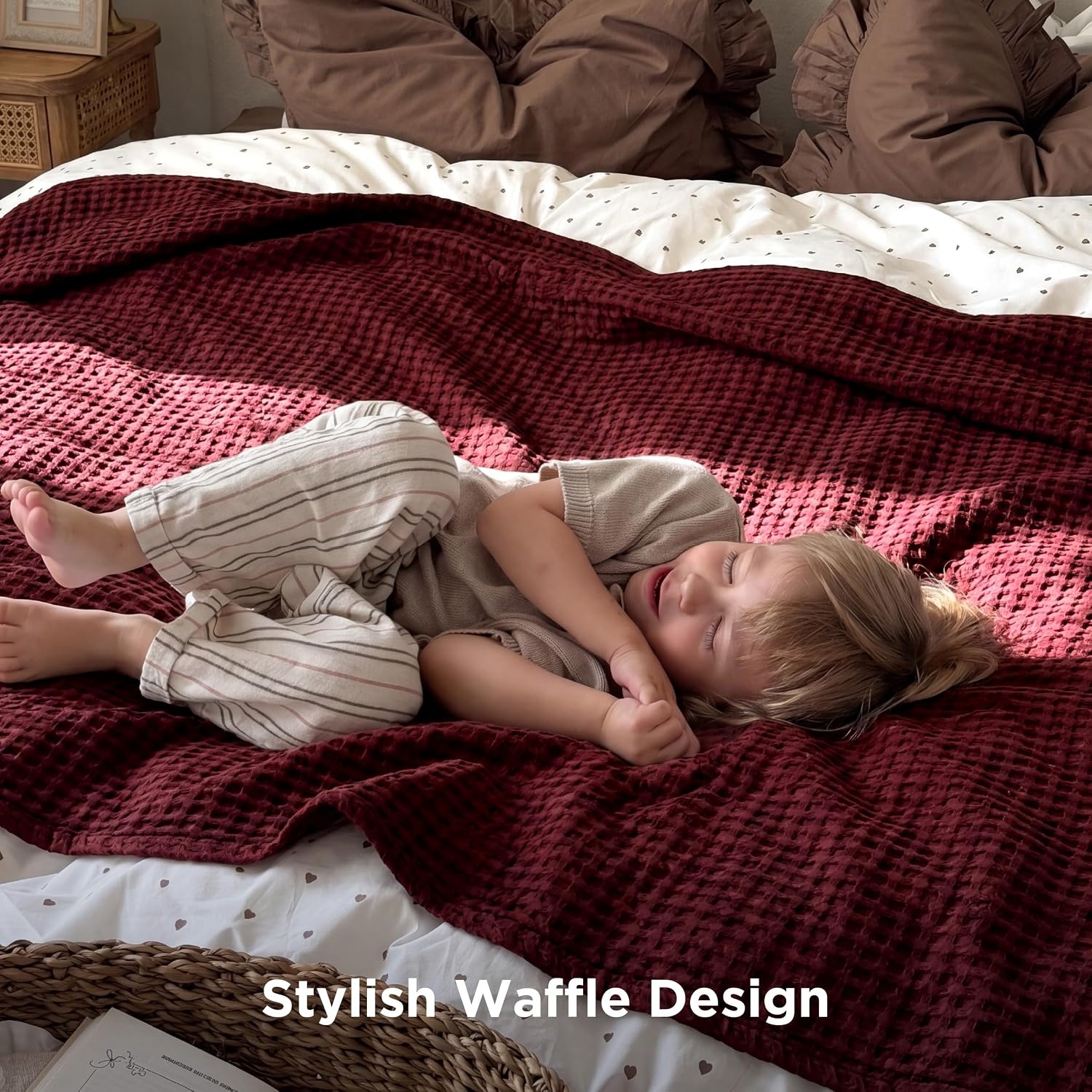 image:imageBedsure Cooling Cotton Waffle Full Size Blanket Lightweight Breathable Blanket of Rayon Derived from Bamboo for Hot Sleepers Luxury Throws for Bed Couch and Sofa Ivory 80x90 InchesDark Red