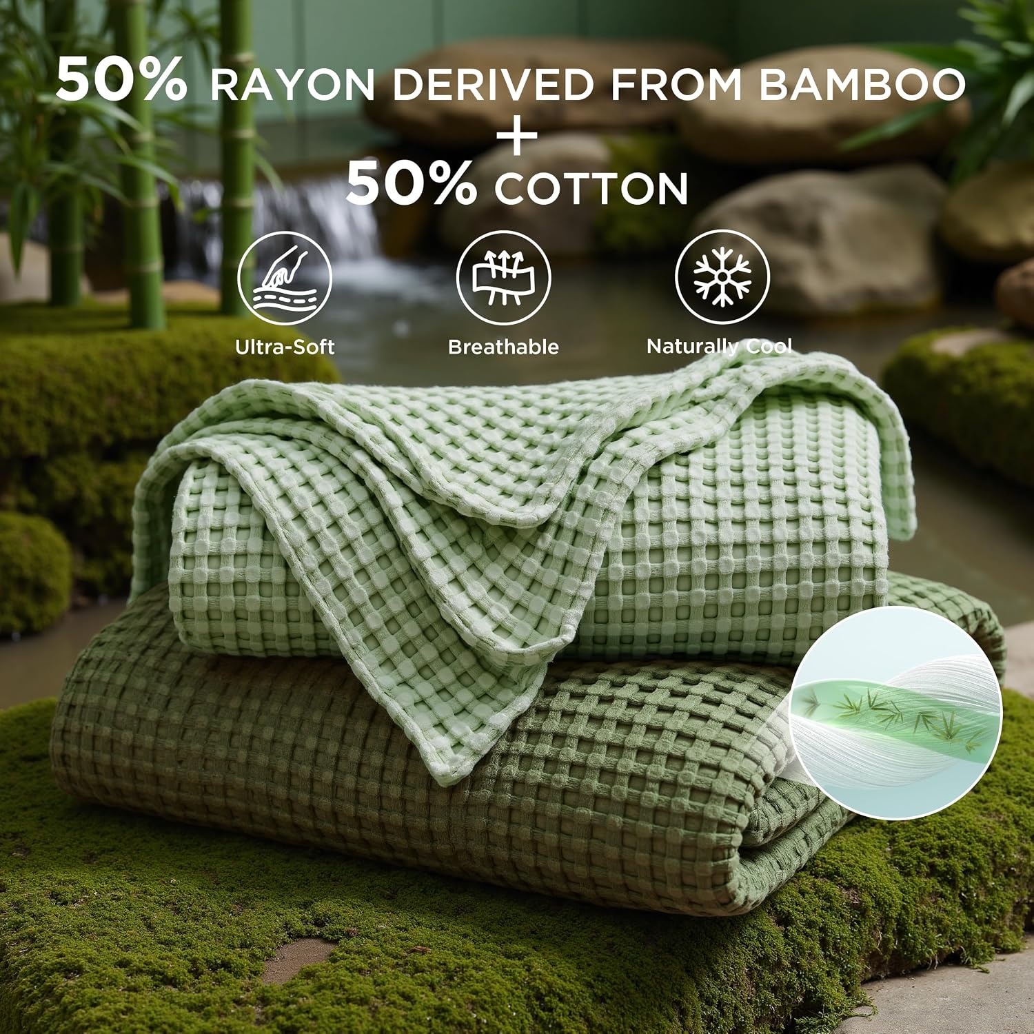 image:imageBedsure Cooling Cotton Waffle Full Size Blanket Lightweight Breathable Blanket of Rayon Derived from Bamboo for Hot Sleepers Luxury Throws for Bed Couch and Sofa Ivory 80x90 InchesOlive Green