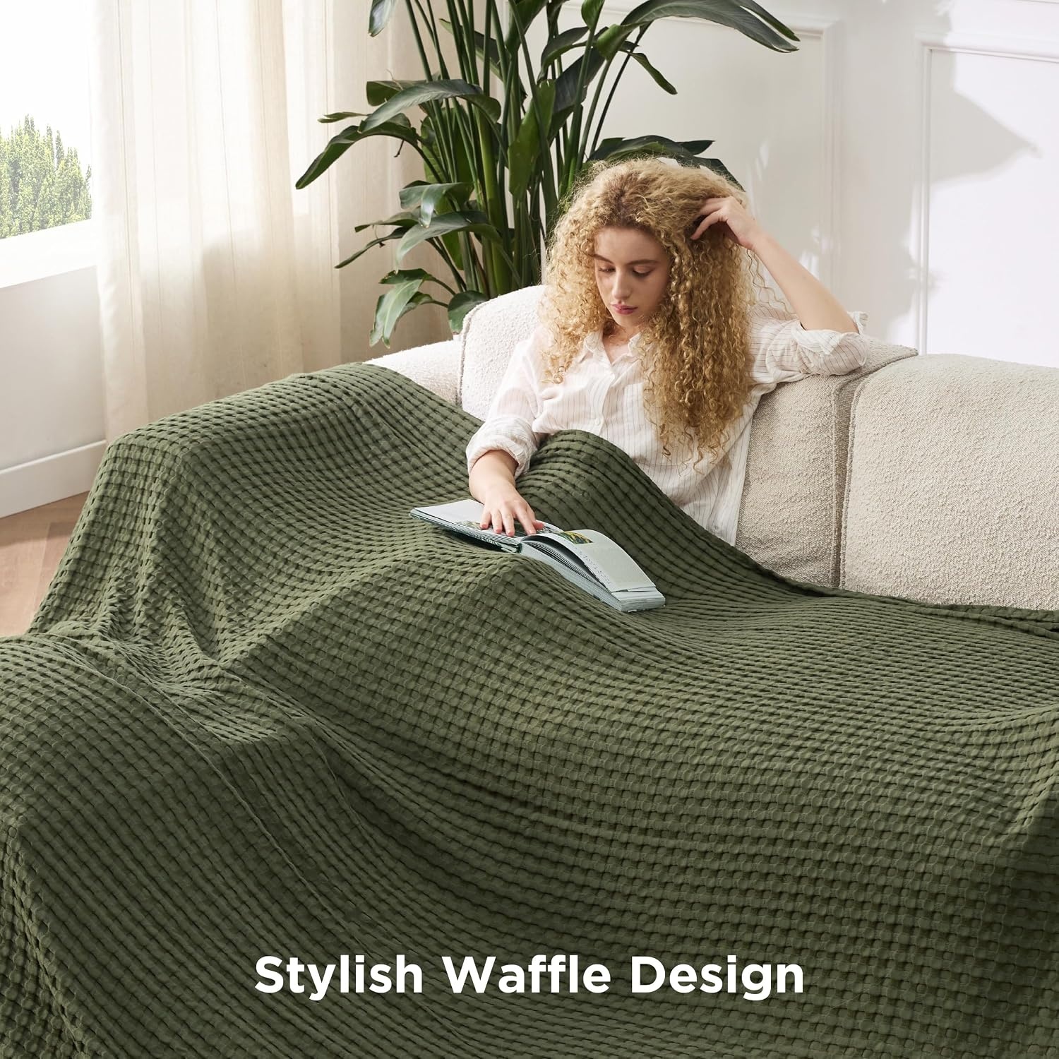 image:imageBedsure Cooling Cotton Waffle Full Size Blanket Lightweight Breathable Blanket of Rayon Derived from Bamboo for Hot Sleepers Luxury Throws for Bed Couch and Sofa Ivory 80x90 InchesOlive Green