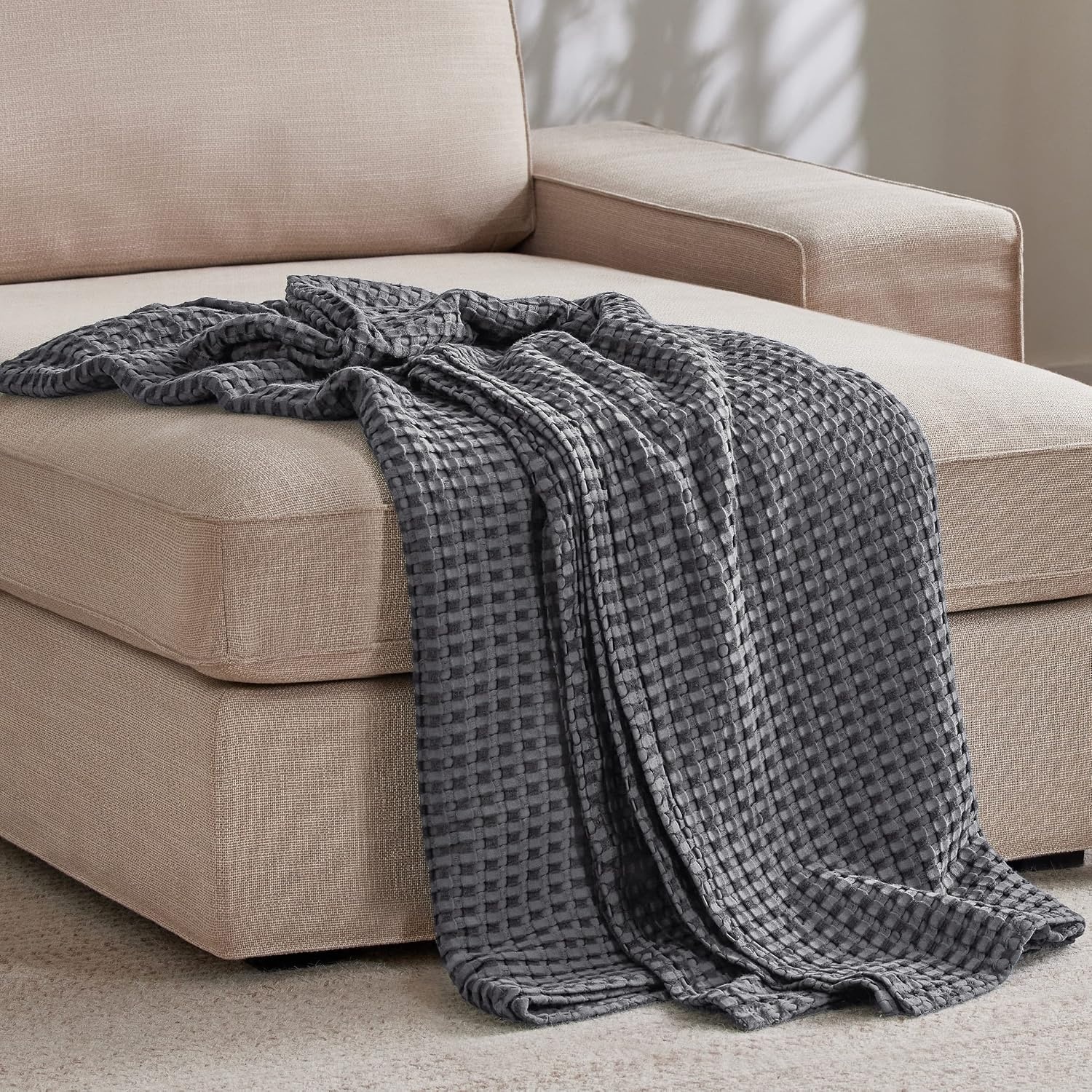 image:imageBedsure Cooling Cotton Waffle Full Size Blanket Lightweight Breathable Blanket of Rayon Derived from Bamboo for Hot Sleepers Luxury Throws for Bed Couch and Sofa Ivory 80x90 Inches02 Dark Grey