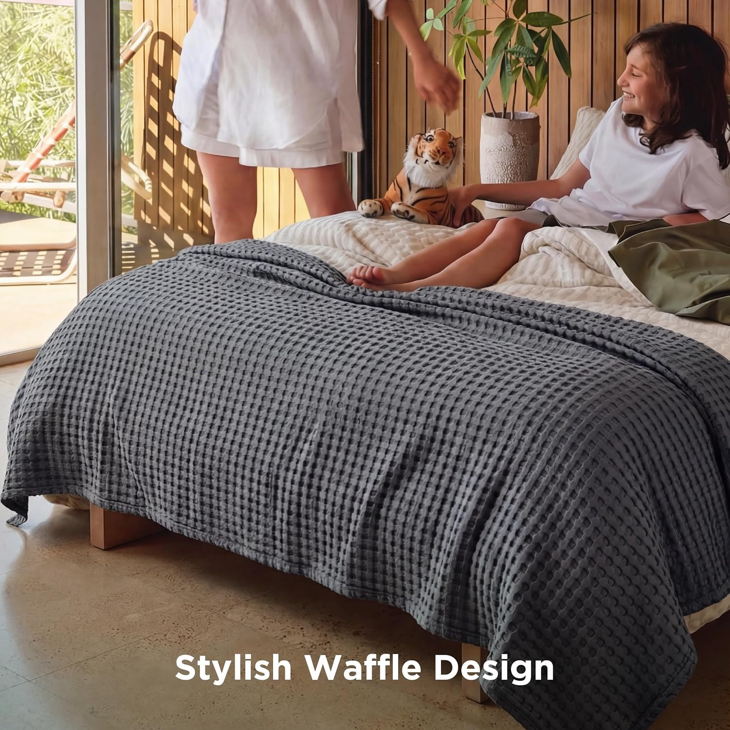image:imageBedsure Cooling Cotton Waffle Full Size Blanket Lightweight Breathable Blanket of Rayon Derived from Bamboo for Hot Sleepers Luxury Throws for Bed Couch and Sofa Ivory 80x90 Inches02 Dark Grey