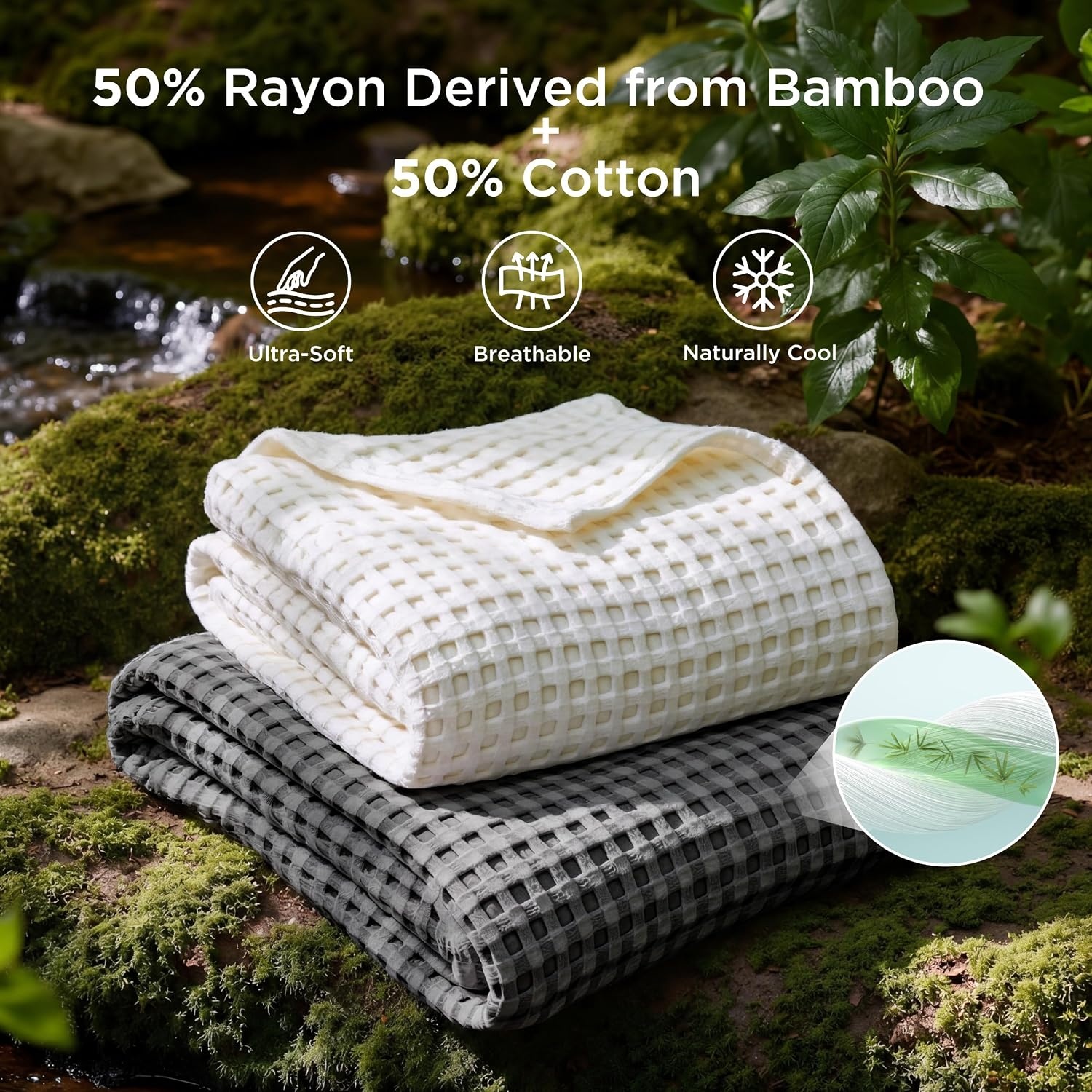 image:imageBedsure Cooling Cotton Waffle Full Size Blanket Lightweight Breathable Blanket of Rayon Derived from Bamboo for Hot Sleepers Luxury Throws for Bed Couch and Sofa Ivory 80x90 Inches02 Dark Grey