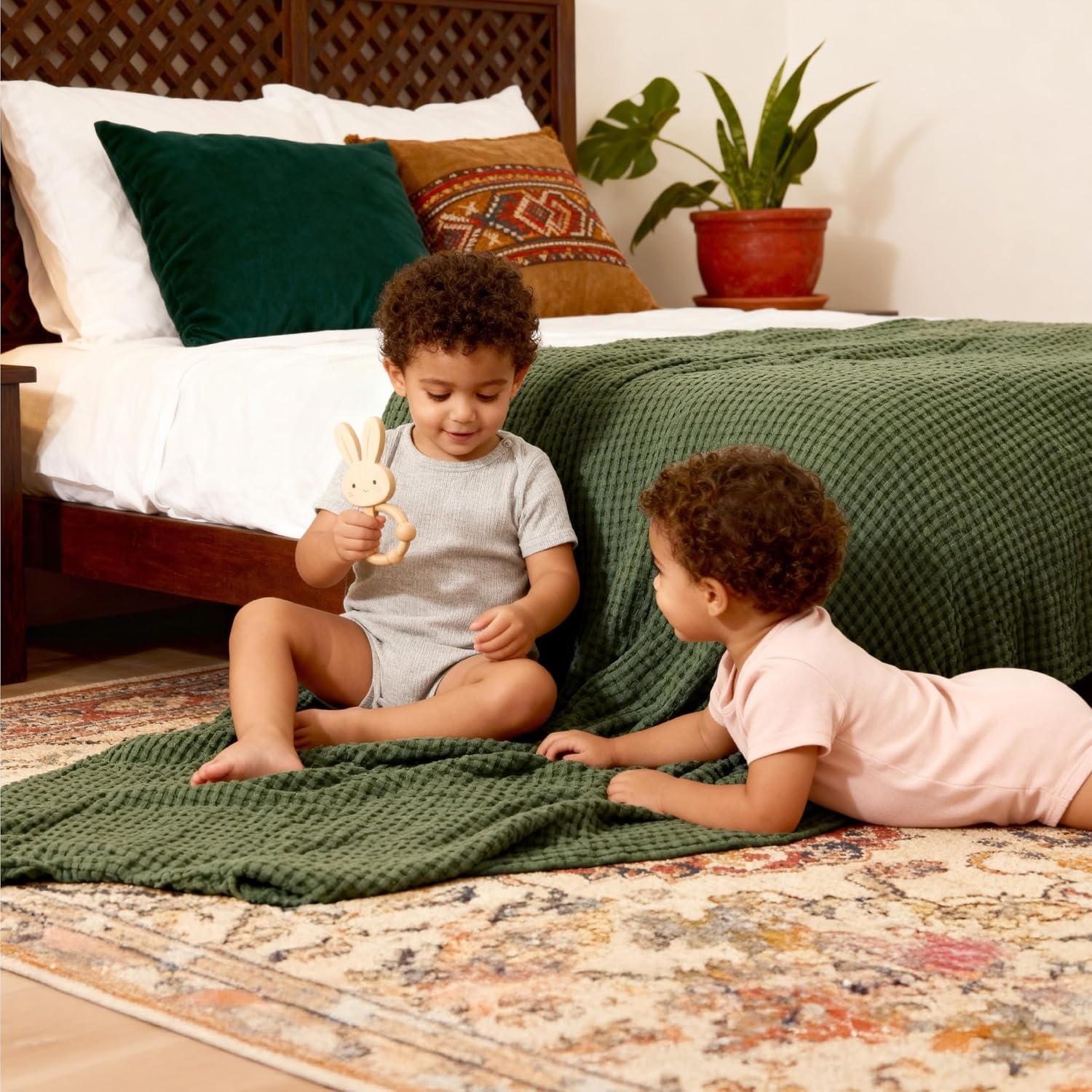 image:imageBedsure Cooling Cotton Waffle Full Size Blanket Lightweight Breathable Blanket of Rayon Derived from Bamboo for Hot Sleepers Luxury Throws for Bed Couch and Sofa Ivory 80x90 InchesOlive Green
