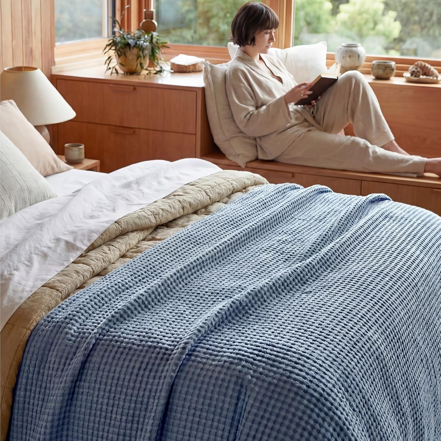image:imageBedsure Cooling Cotton Waffle Full Size Blanket Lightweight Breathable Blanket of Rayon Derived from Bamboo for Hot Sleepers Luxury Throws for Bed Couch and Sofa Ivory 80x90 InchesDusty Blue