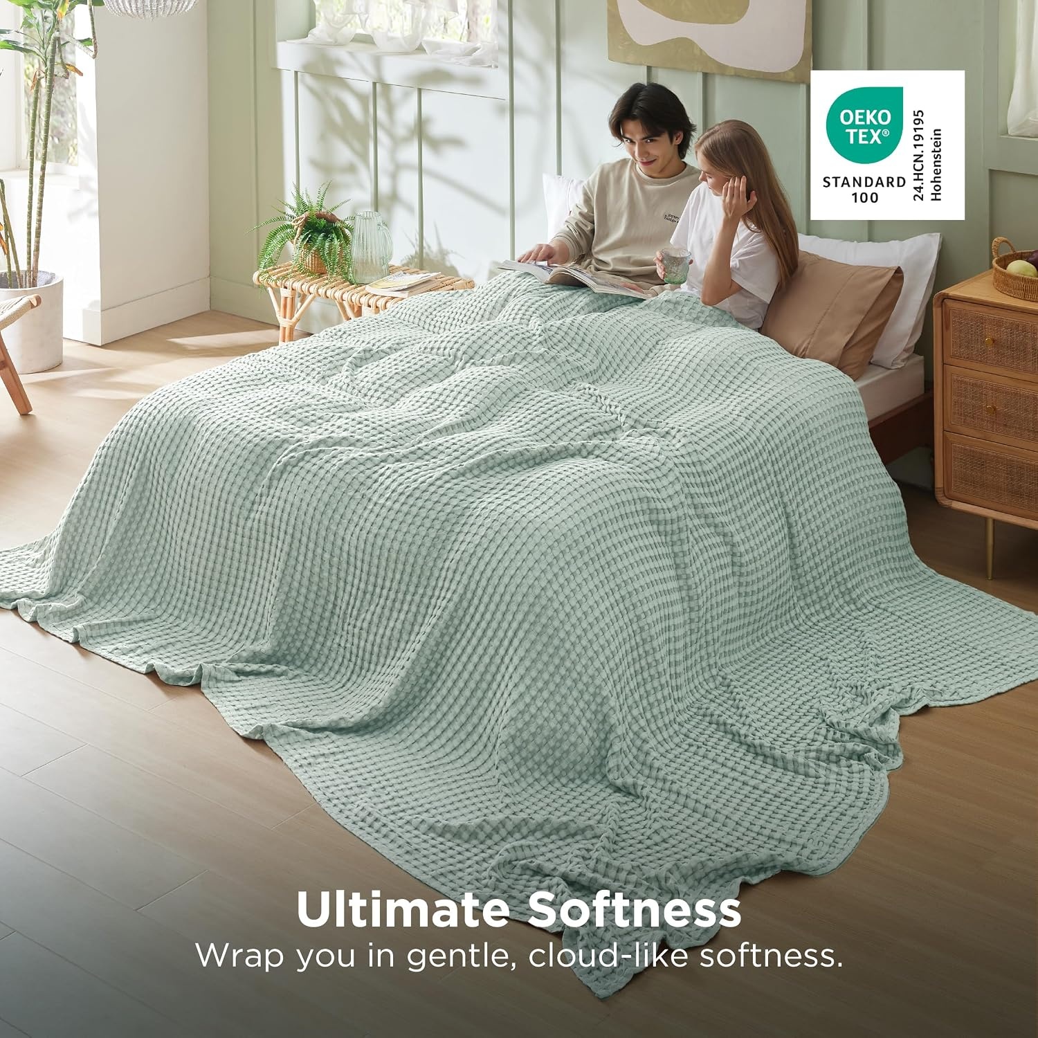 image:imageBedsure Cooling Cotton Waffle Full Size Blanket Lightweight Breathable Blanket of Rayon Derived from Bamboo for Hot Sleepers Luxury Throws for Bed Couch and Sofa Ivory 80x90 InchesMint Green