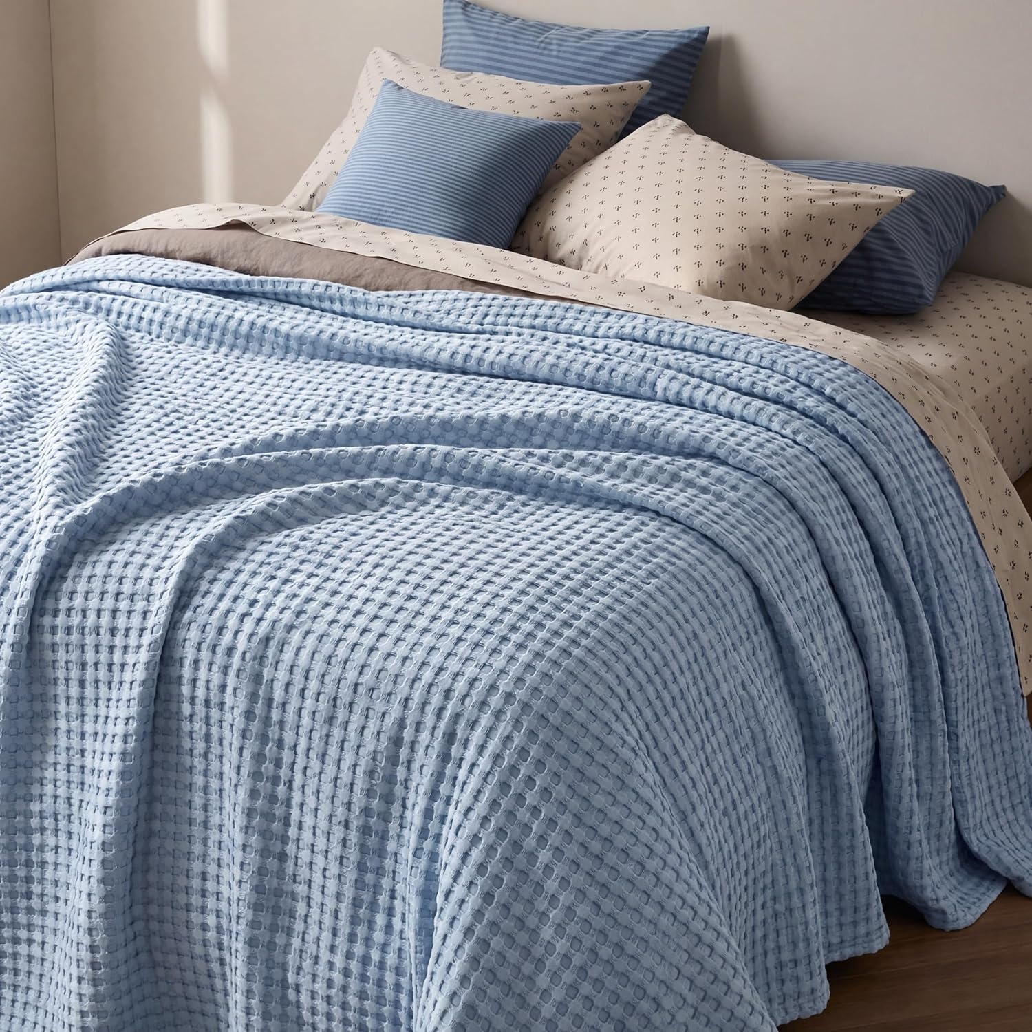 image:imageBedsure Cooling Cotton Waffle Full Size Blanket Lightweight Breathable Blanket of Rayon Derived from Bamboo for Hot Sleepers Luxury Throws for Bed Couch and Sofa Ivory 80x90 InchesSky Blue