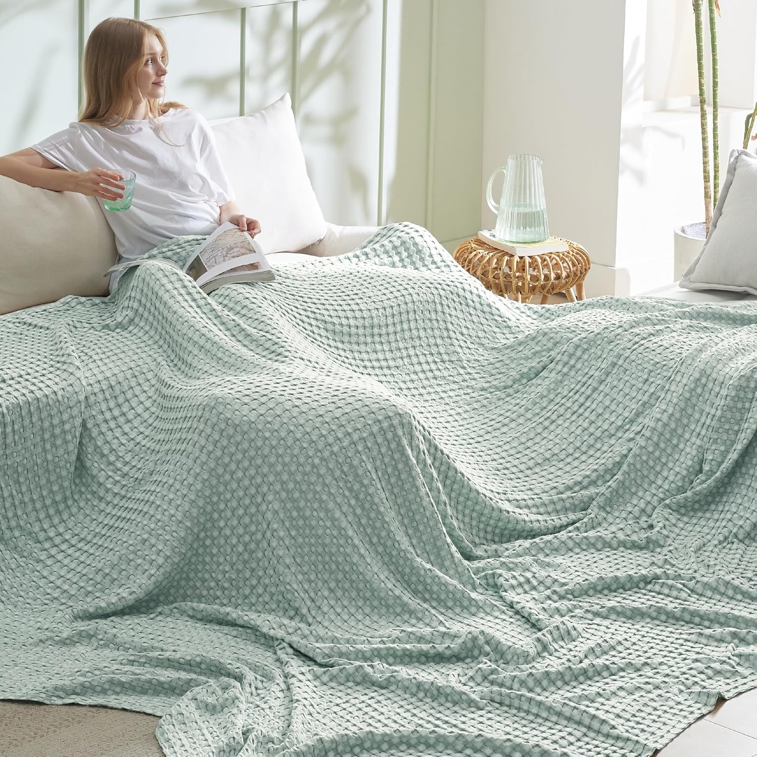 image:imageBedsure Cooling Cotton Waffle Full Size Blanket Lightweight Breathable Blanket of Rayon Derived from Bamboo for Hot Sleepers Luxury Throws for Bed Couch and Sofa Ivory 80x90 InchesMint Green