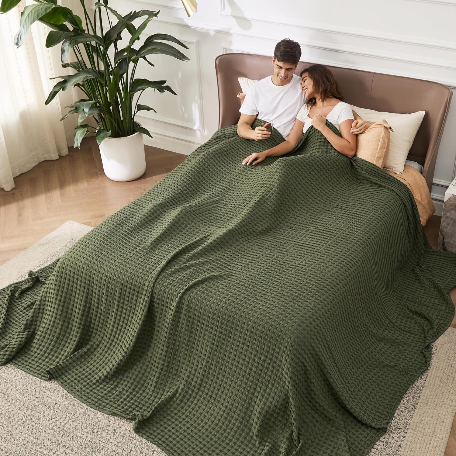 image:imageBedsure Cooling Cotton Waffle Full Size Blanket Lightweight Breathable Blanket of Rayon Derived from Bamboo for Hot Sleepers Luxury Throws for Bed Couch and Sofa Ivory 80x90 InchesOlive Green