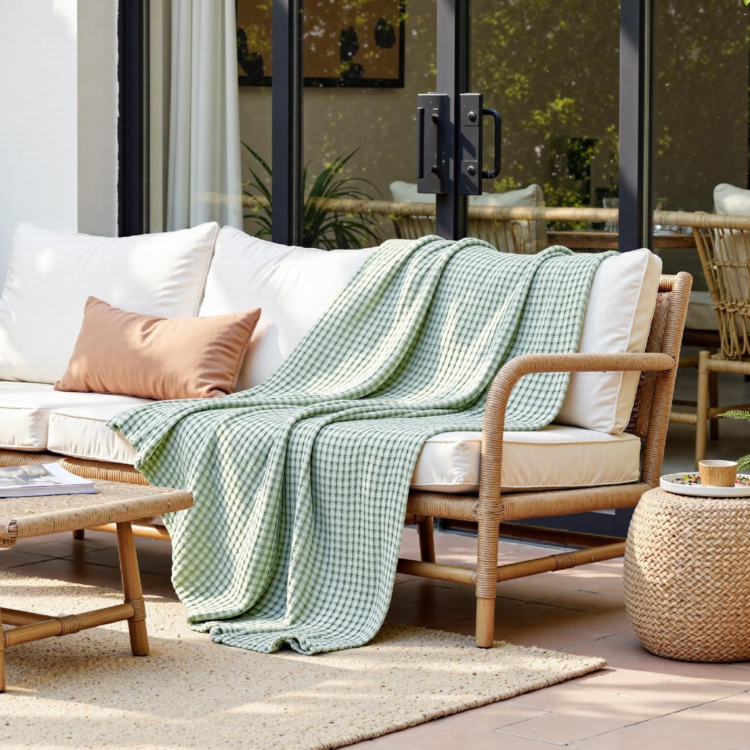 image:imageBedsure Cooling Cotton Waffle Full Size Blanket Lightweight Breathable Blanket of Rayon Derived from Bamboo for Hot Sleepers Luxury Throws for Bed Couch and Sofa Ivory 80x90 InchesMint Green