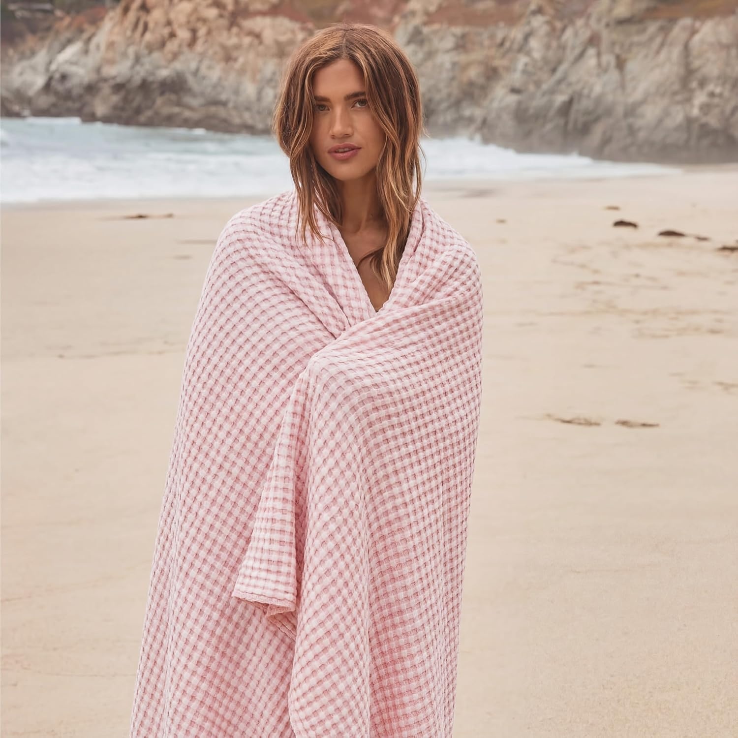 image:imageBedsure Cooling Cotton Waffle Full Size Blanket Lightweight Breathable Blanket of Rayon Derived from Bamboo for Hot Sleepers Luxury Throws for Bed Couch and Sofa Ivory 80x90 InchesLight Pink