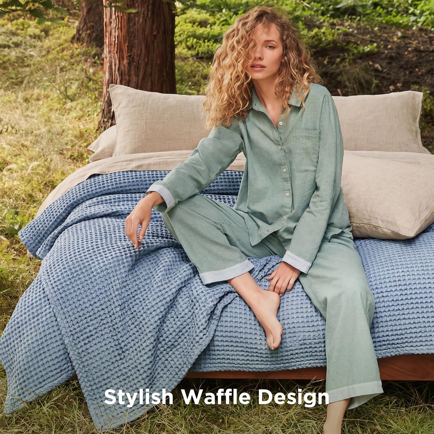 image:imageBedsure Cooling Cotton Waffle Full Size Blanket Lightweight Breathable Blanket of Rayon Derived from Bamboo for Hot Sleepers Luxury Throws for Bed Couch and Sofa Ivory 80x90 InchesDusty Blue