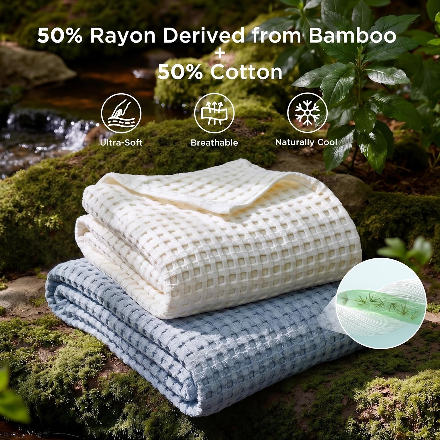 image:imageBedsure Cooling Cotton Waffle Full Size Blanket Lightweight Breathable Blanket of Rayon Derived from Bamboo for Hot Sleepers Luxury Throws for Bed Couch and Sofa Ivory 80x90 InchesDusty Blue