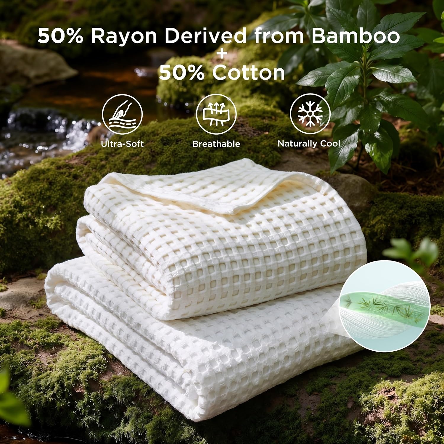 image:imageBedsure Cooling Cotton Waffle Full Size Blanket Lightweight Breathable Blanket of Rayon Derived from Bamboo for Hot Sleepers Luxury Throws for Bed Couch and Sofa Ivory 80x90 InchesWhite
