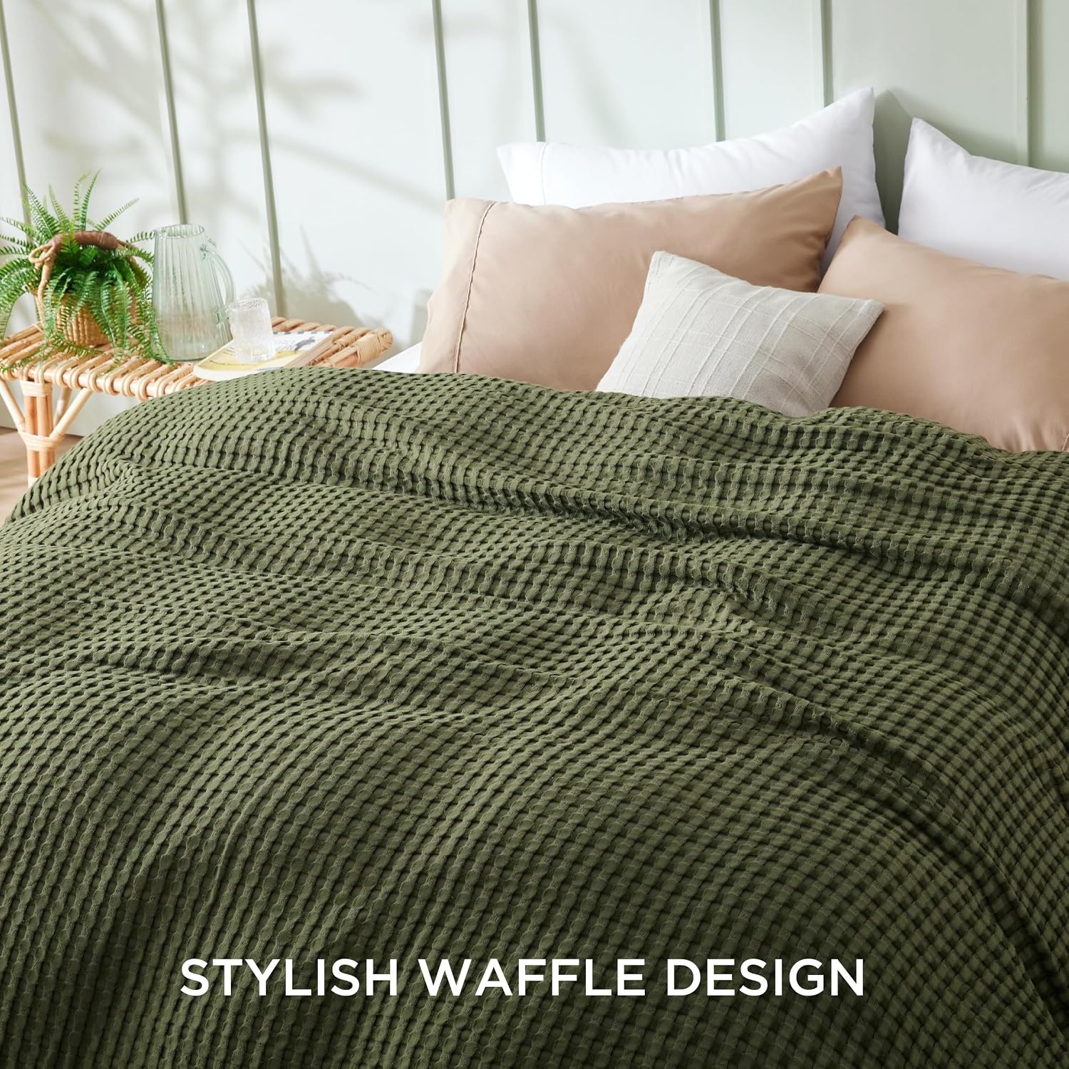 image:imageBedsure Cooling Cotton Waffle Full Size Blanket Lightweight Breathable Blanket of Rayon Derived from Bamboo for Hot Sleepers Luxury Throws for Bed Couch and Sofa Ivory 80x90 InchesOlive Green