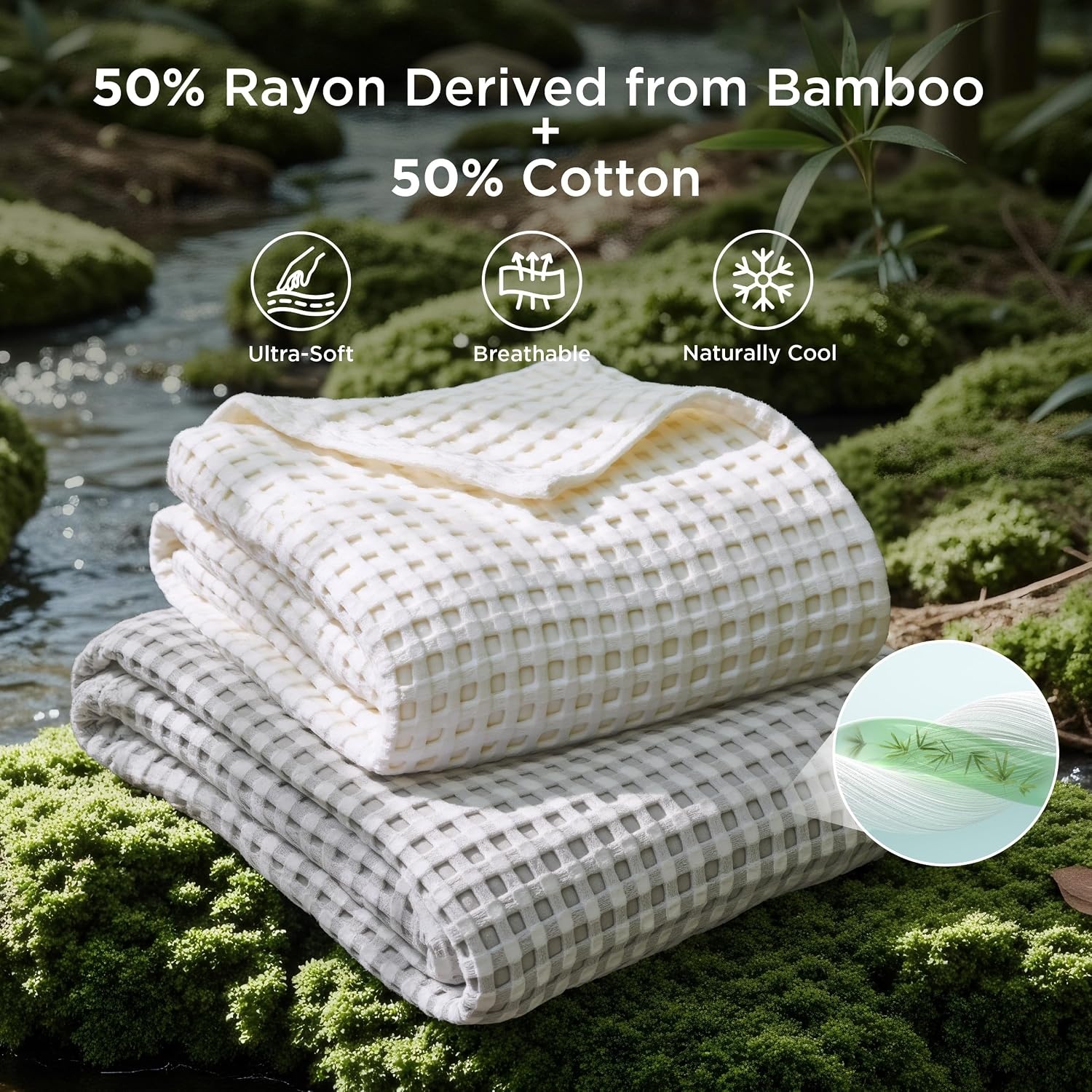 image:imageBedsure Cooling Cotton Waffle Full Size Blanket Lightweight Breathable Blanket of Rayon Derived from Bamboo for Hot Sleepers Luxury Throws for Bed Couch and Sofa Ivory 80x90 InchesGrey