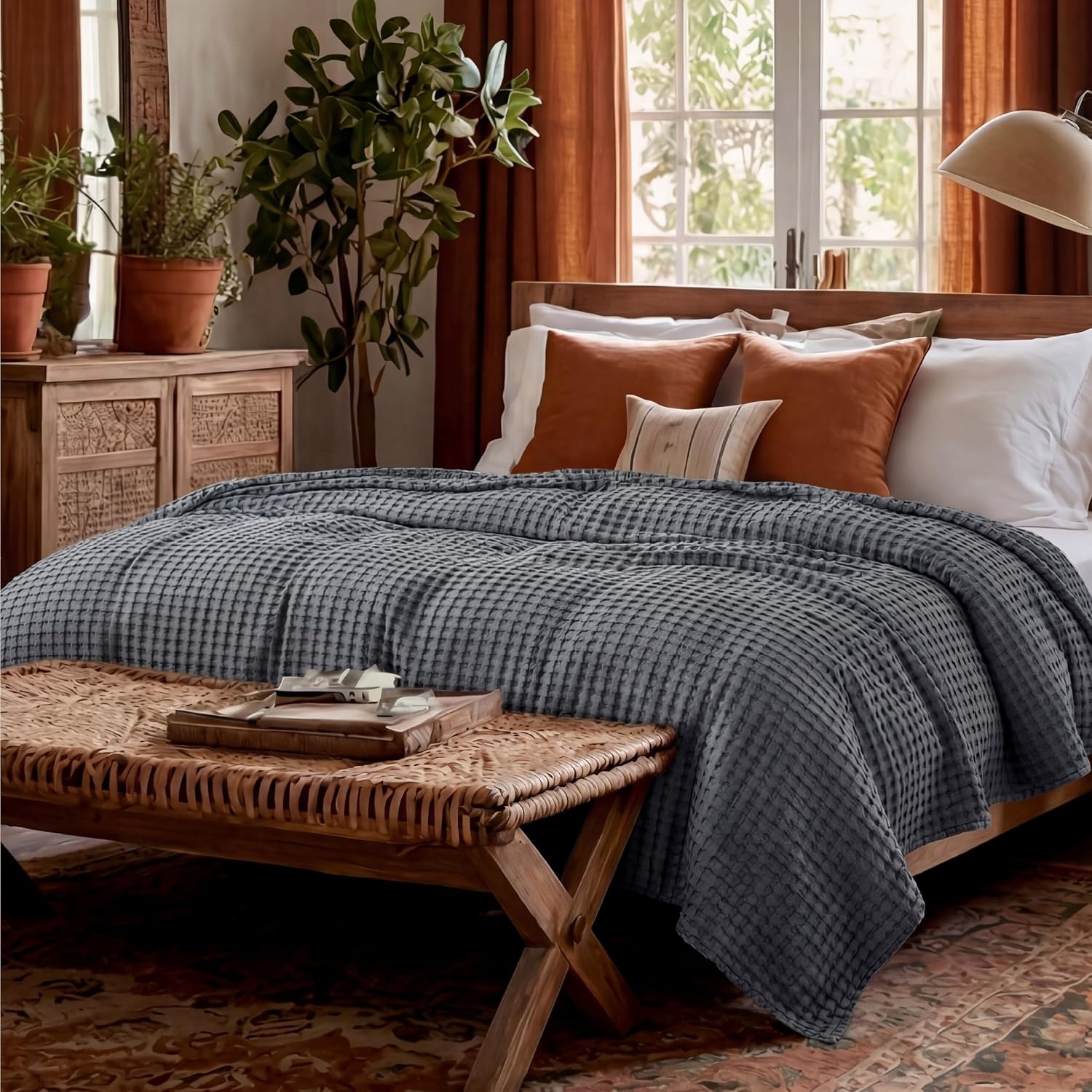 image:imageBedsure Cooling Cotton Waffle Full Size Blanket Lightweight Breathable Blanket of Rayon Derived from Bamboo for Hot Sleepers Luxury Throws for Bed Couch and Sofa Ivory 80x90 Inches02 Dark Grey